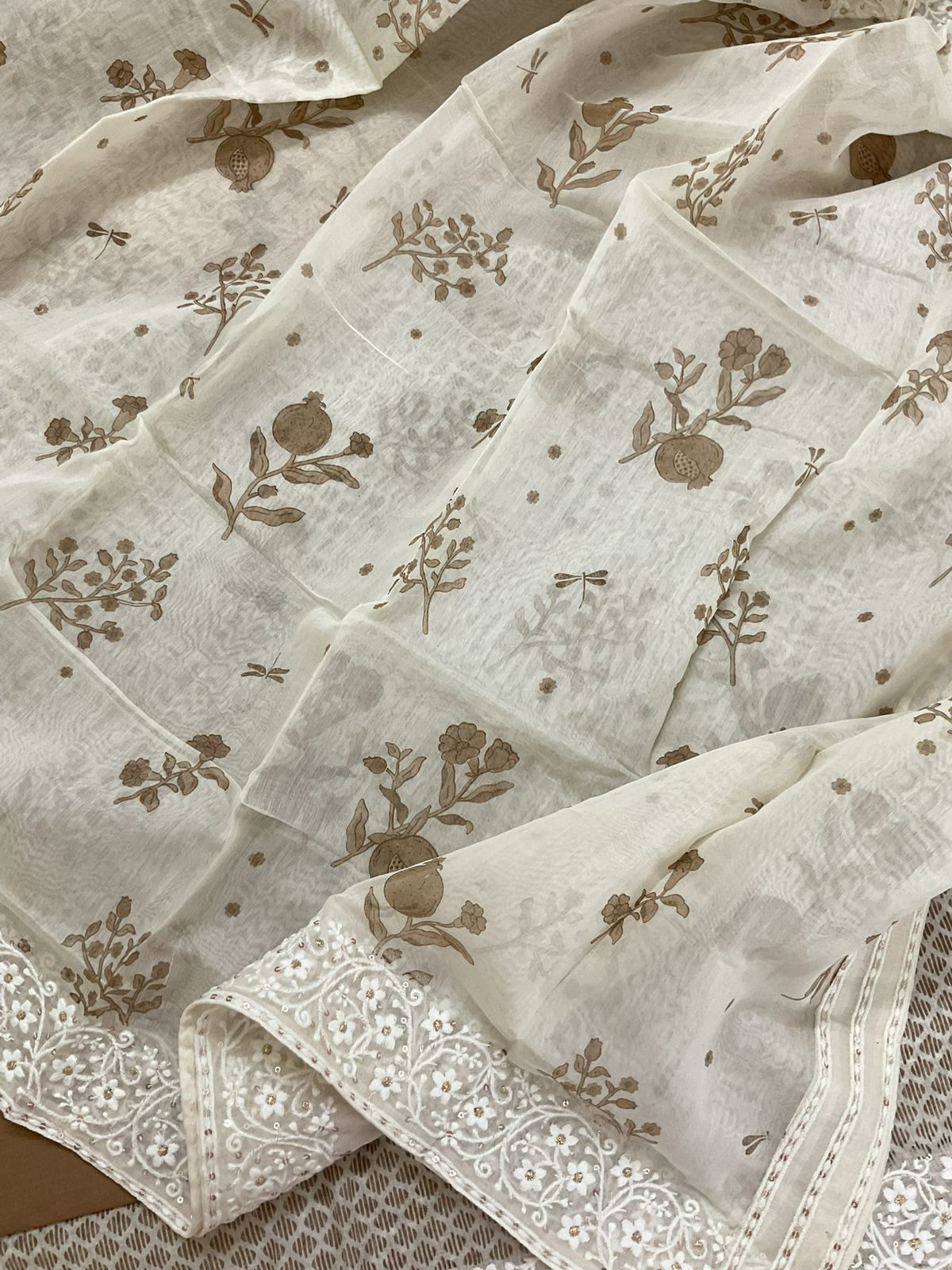 Pure Chanderi Printed Embroidered Suit - Brown