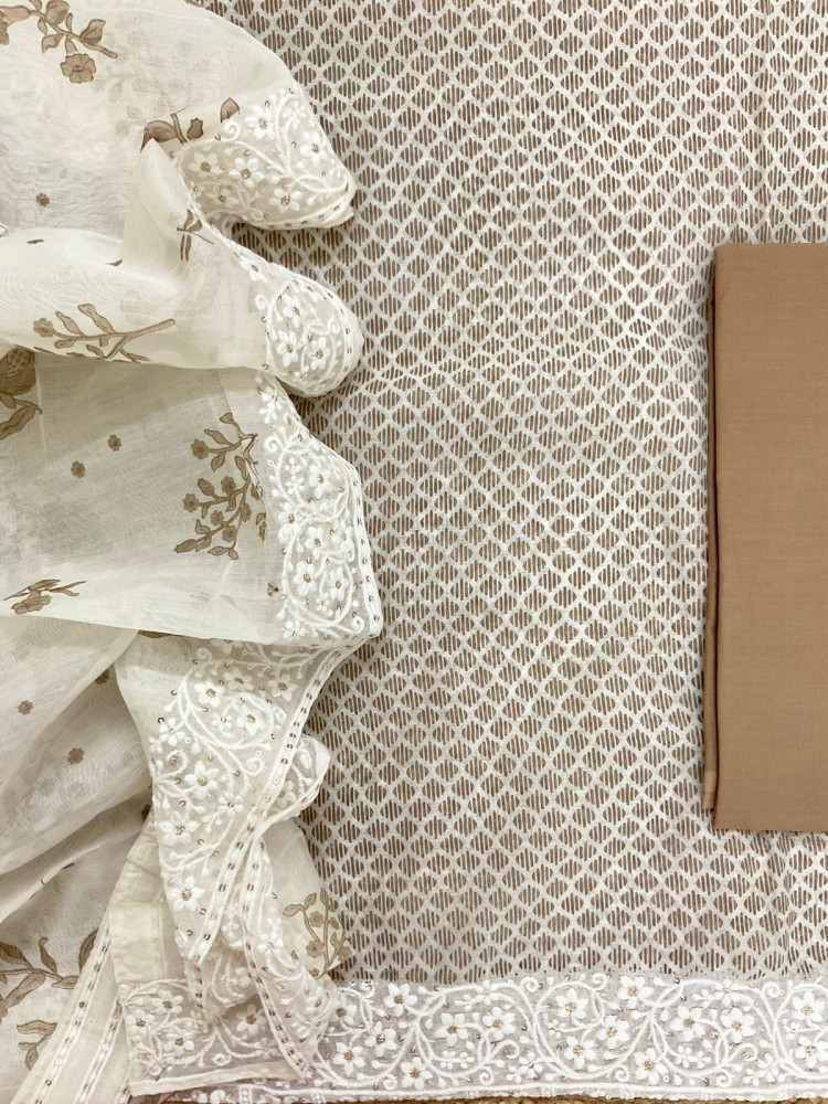 Image of Pure Chanderi Printed Embroidered Suit - Brown