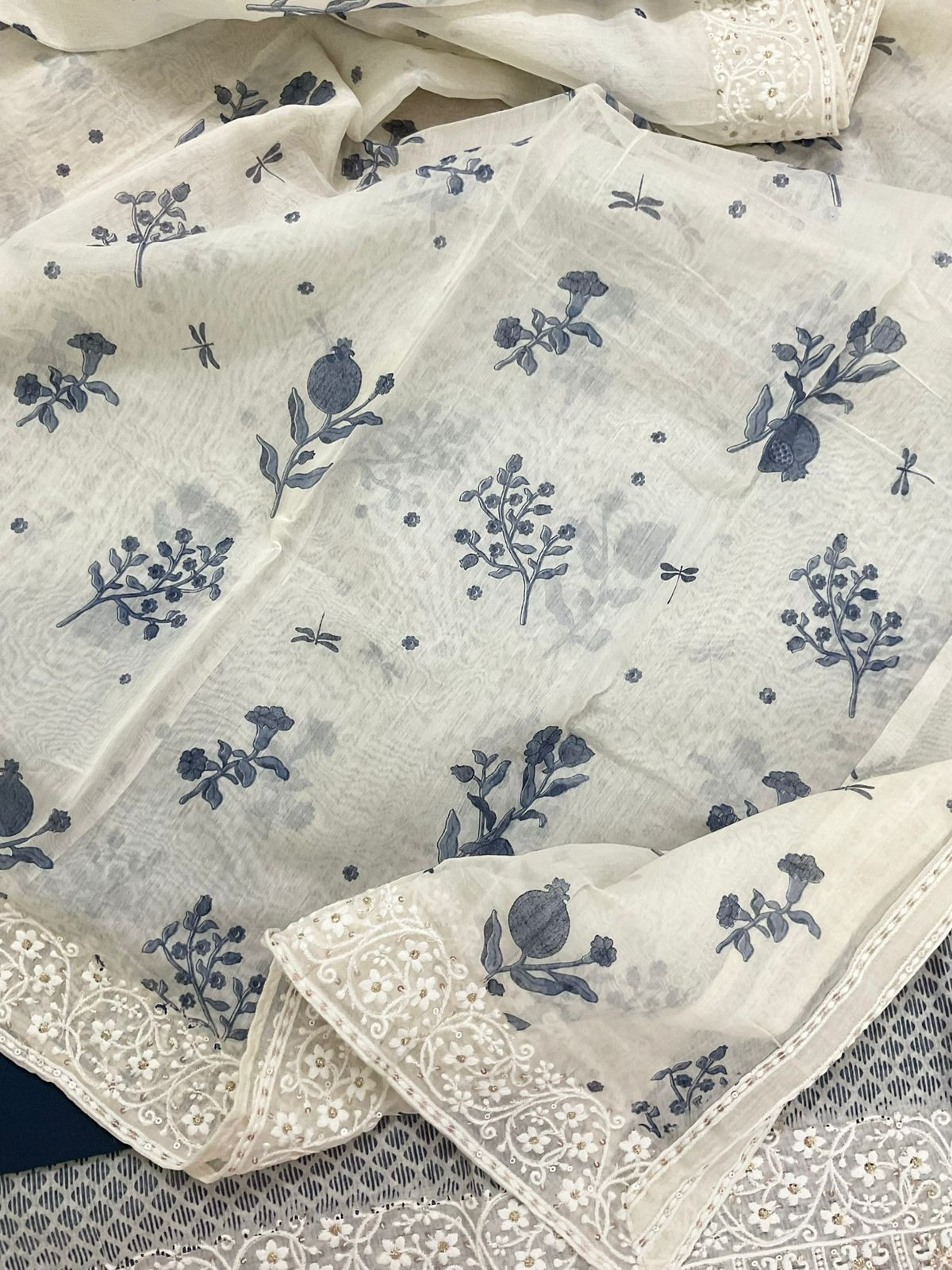 Pure Chanderi Printed Embroidered Suit - Blue