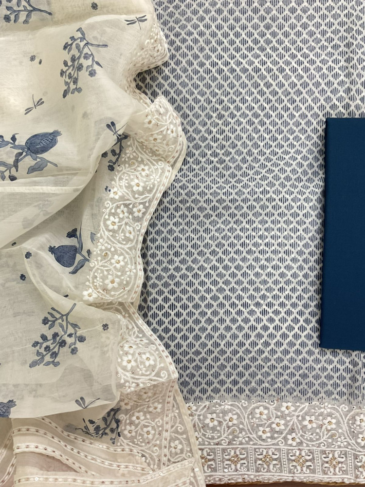 Image of Pure Chanderi Printed Embroidered Suit - Blue