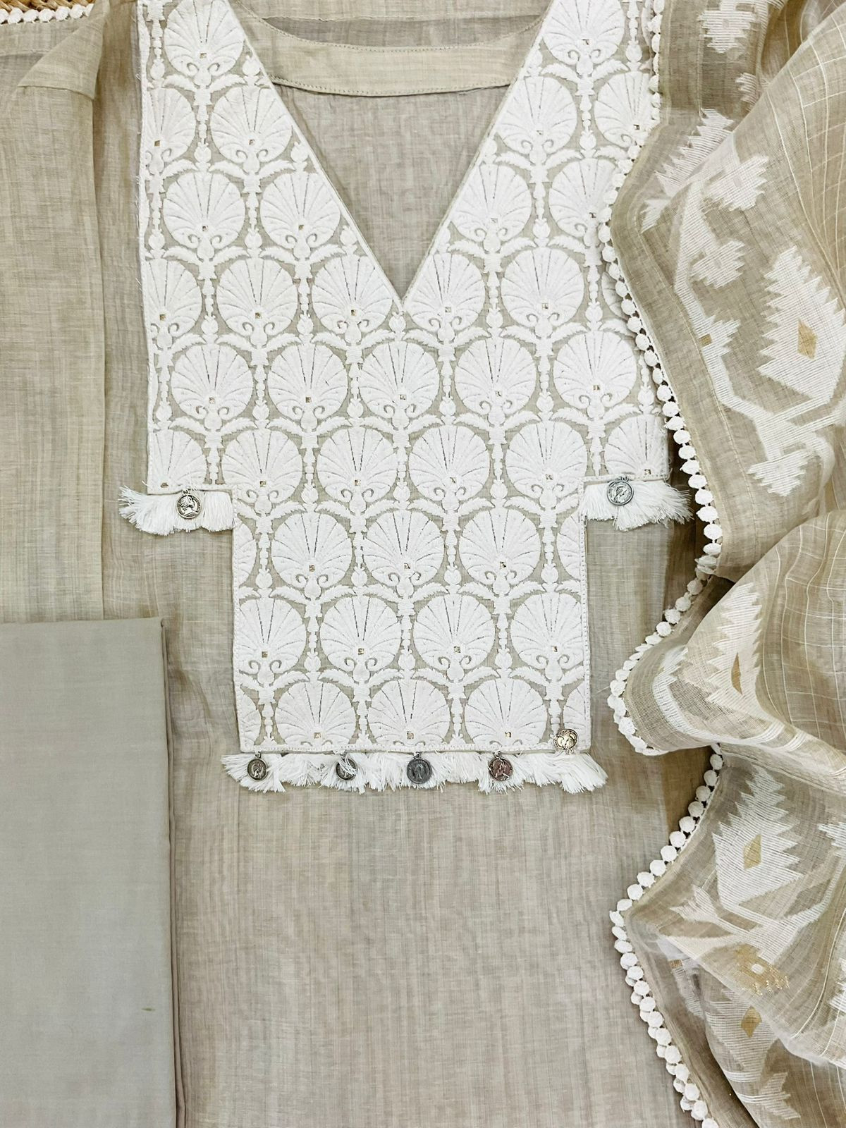 Pure Slub Chanderi Jamdani Weaved Embroidered Suit - Beige