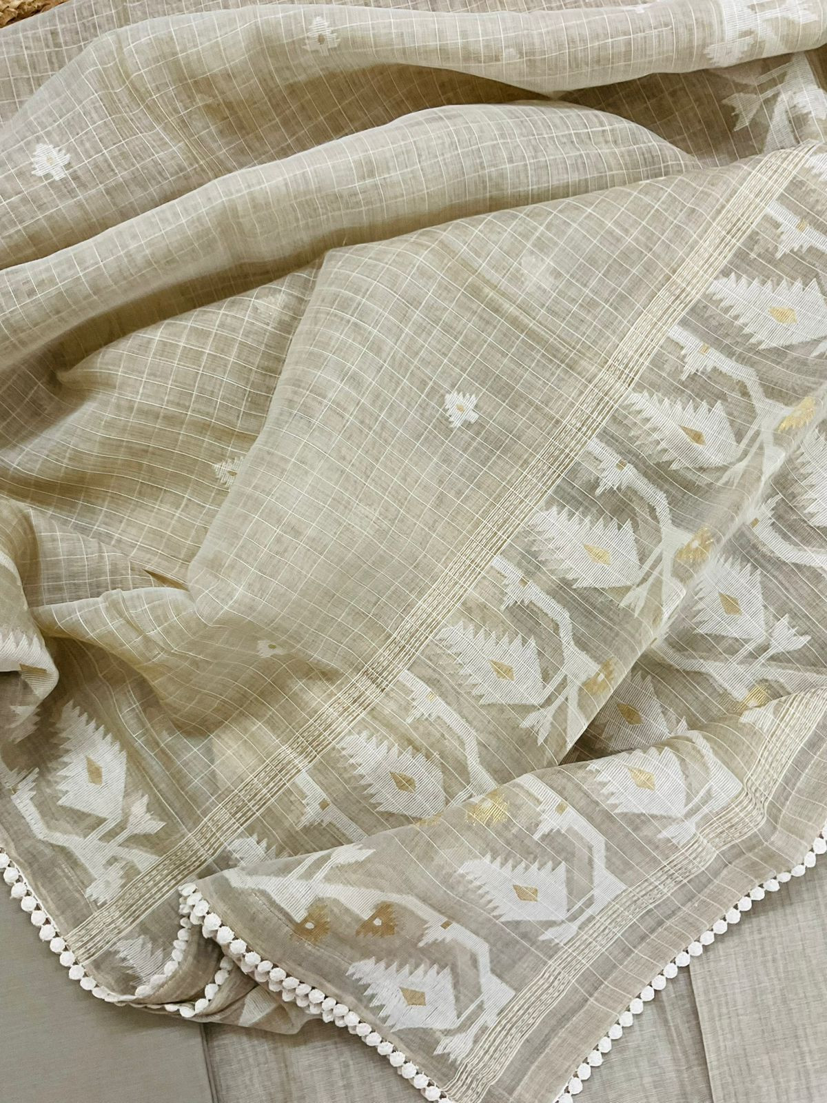 Pure Slub Chanderi Jamdani Weaved Embroidered Suit - Beige