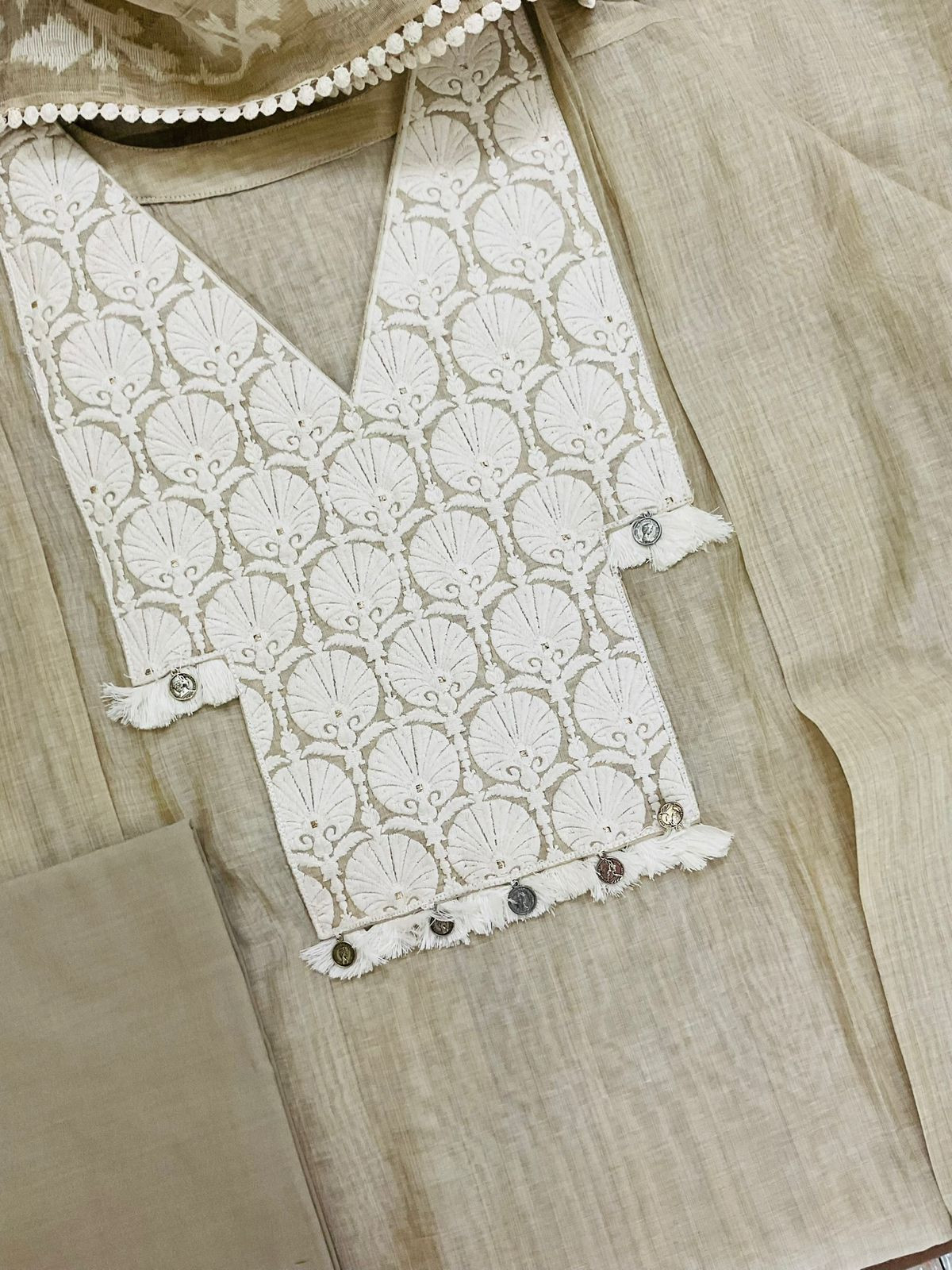 Pure Slub Chanderi Jamdani Weaved Embroidered Suit - Beige