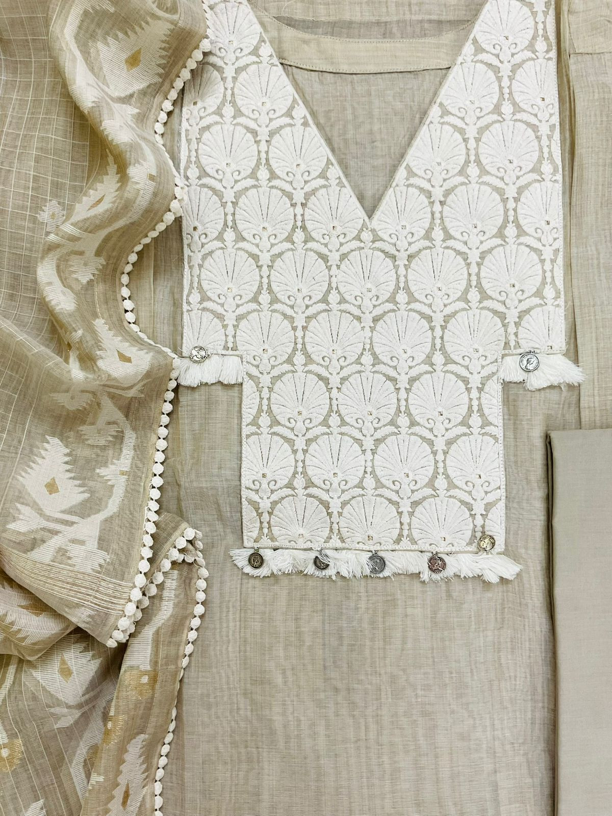 Pure Slub Chanderi Jamdani Weaved Embroidered Suit - Beige