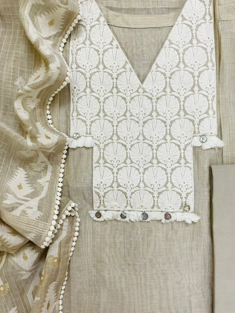 Image of Pure Slub Chanderi Jamdani Weaved Embroidered Suit - Beige