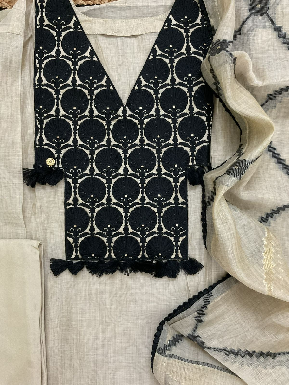 Pure Slub Chanderi Jamdani Weaved Embroidered Suit - Beige