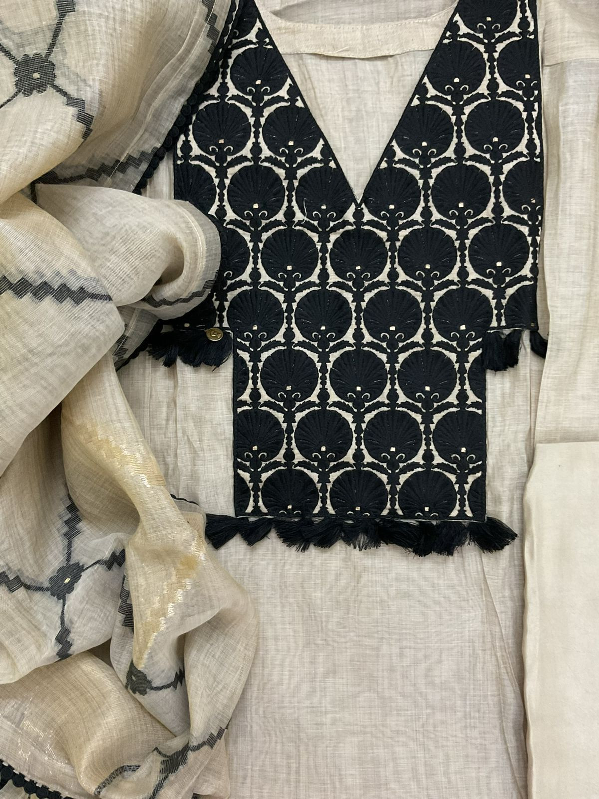 Pure Slub Chanderi Jamdani Weaved Embroidered Suit - Beige