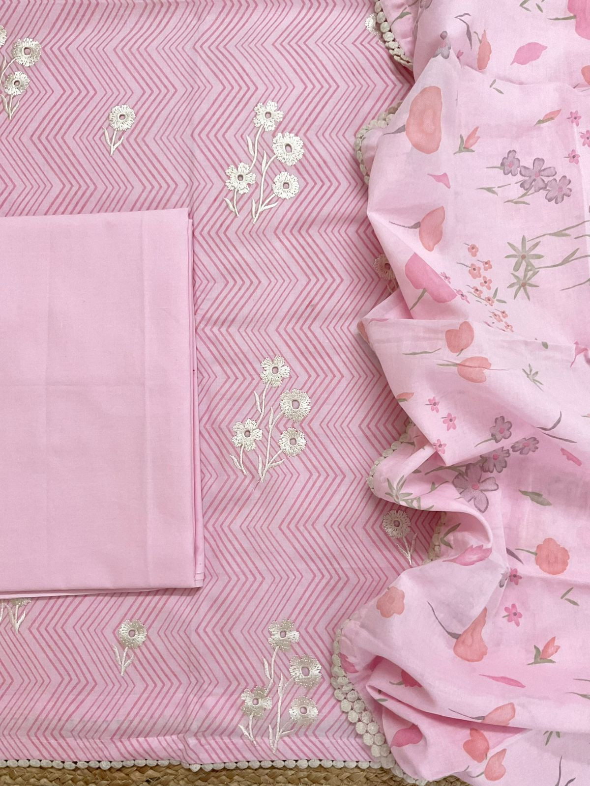 Pure Cotton Printed Embroidered Suit - Pink