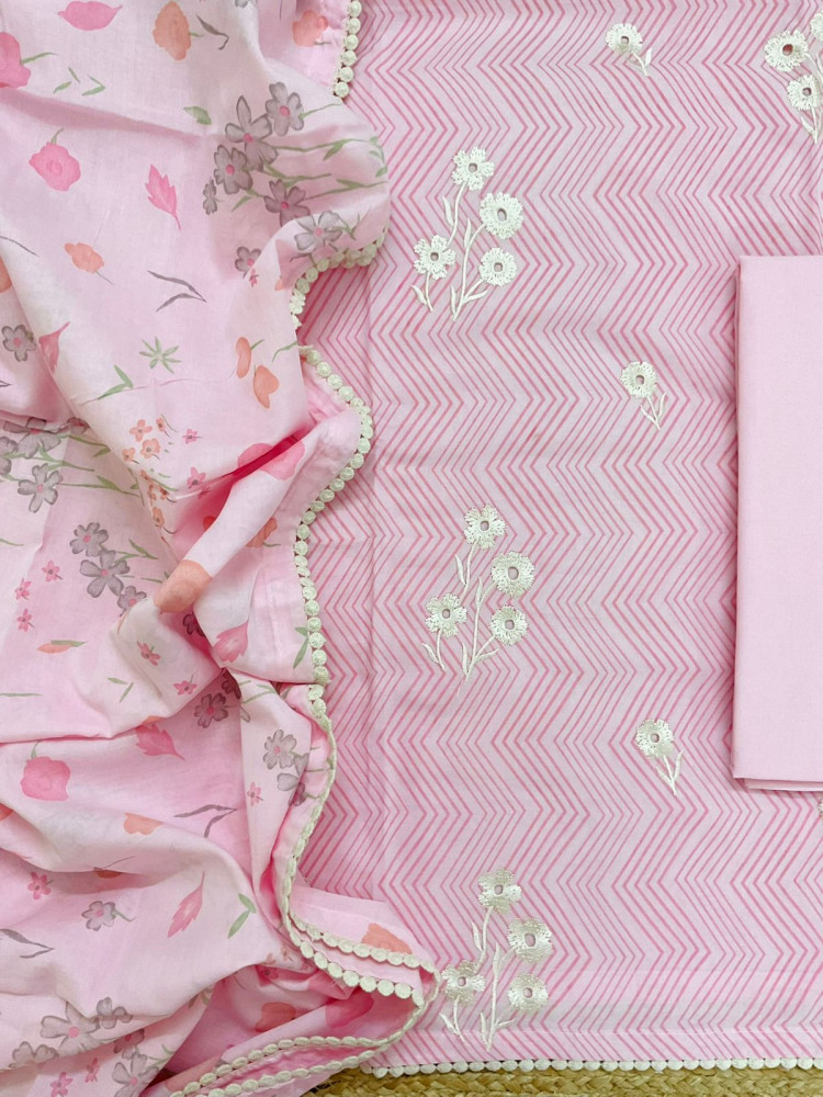 Image of Pure Cotton Printed Embroidered Suit - Pink