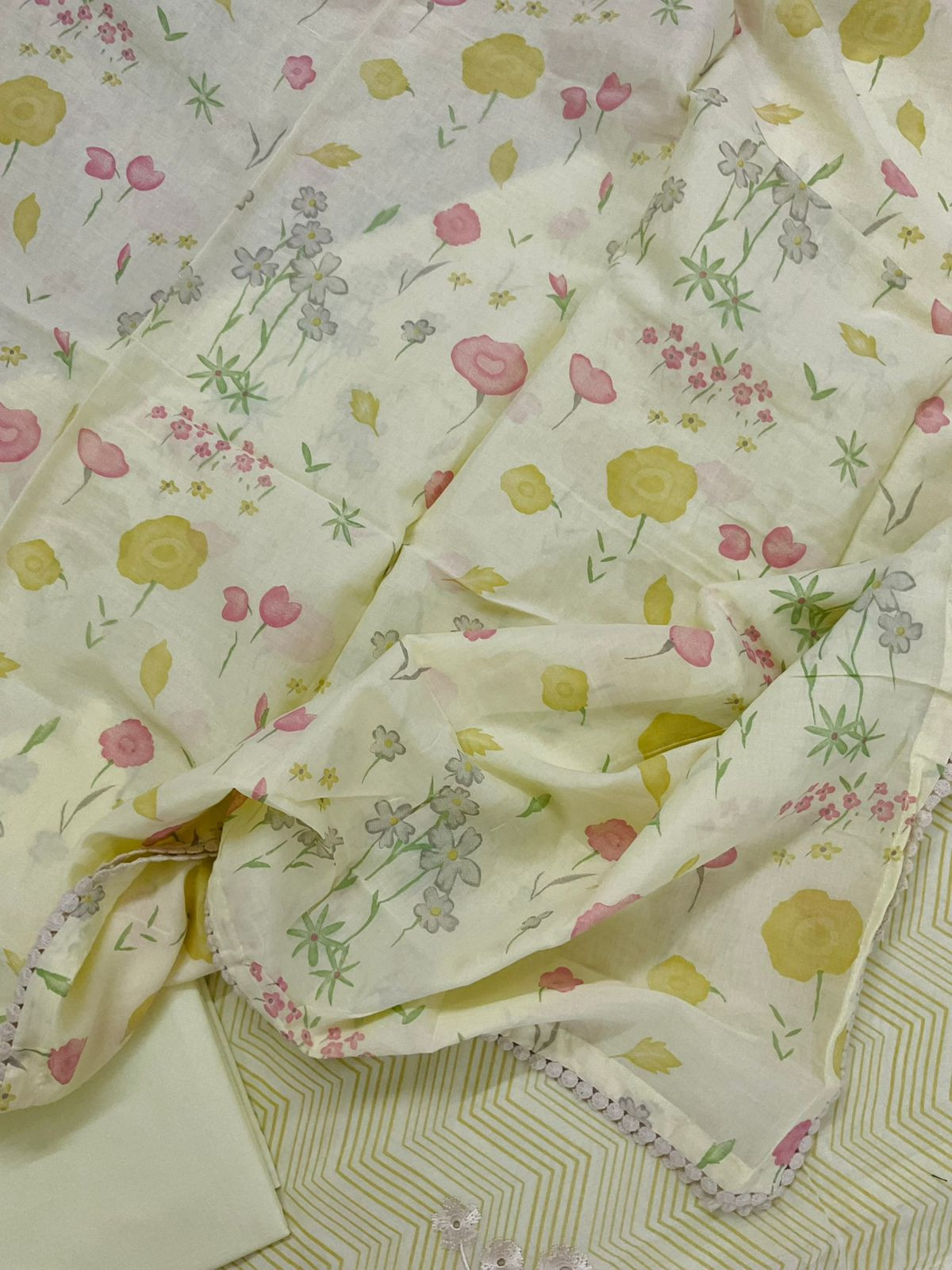 Pure Cotton Printed Embroidered Suit - Yellow