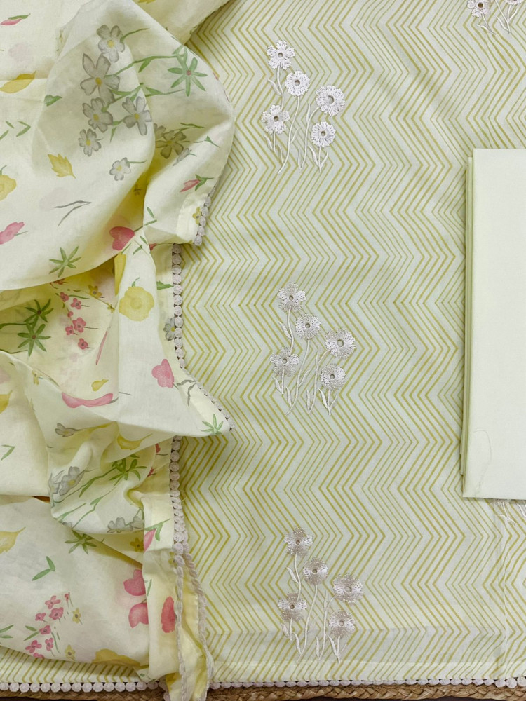 Image of Pure Cotton Printed Embroidered Suit - Yellow