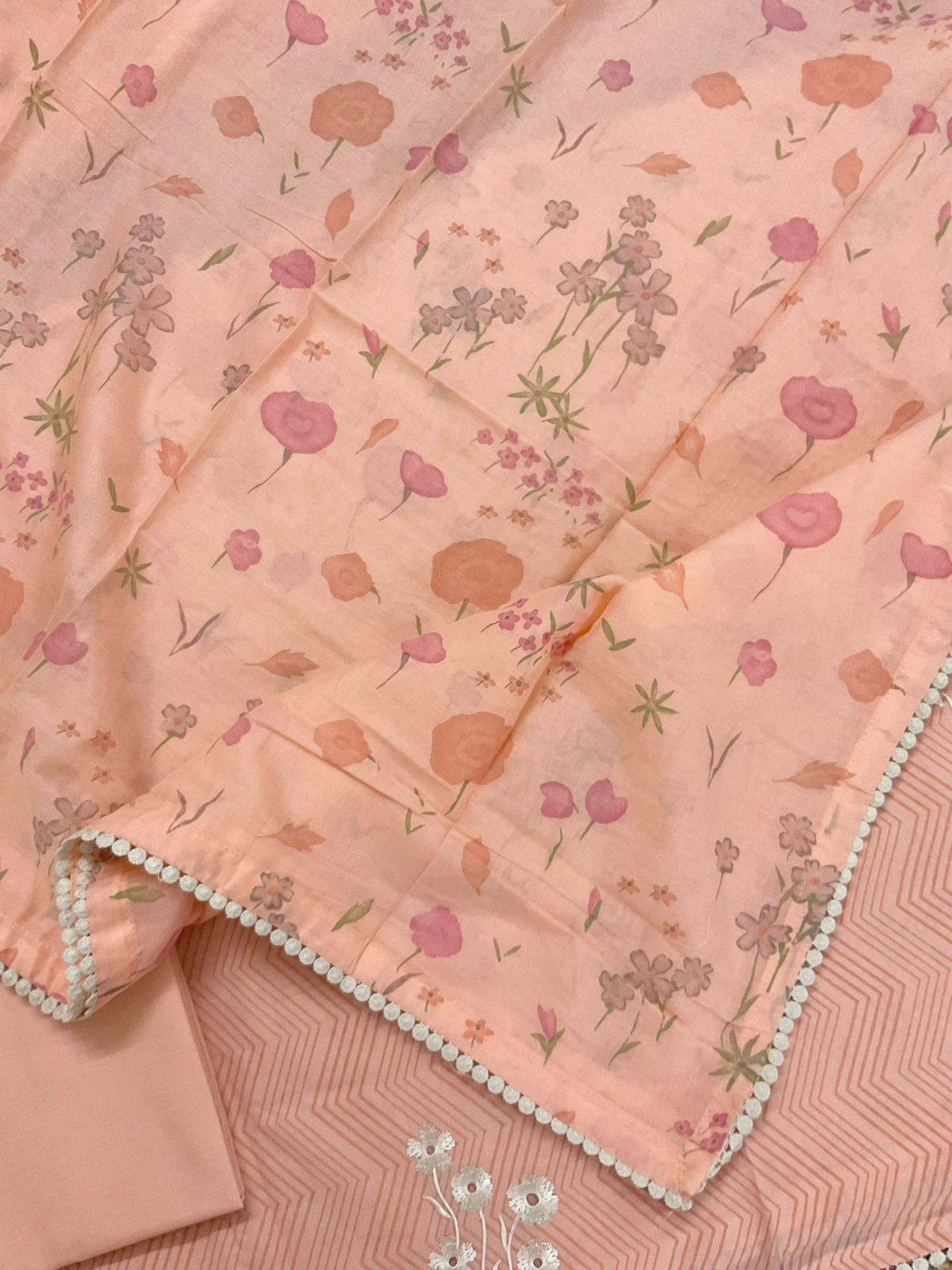 Pure Cotton Printed Embroidered Suit - Peach
