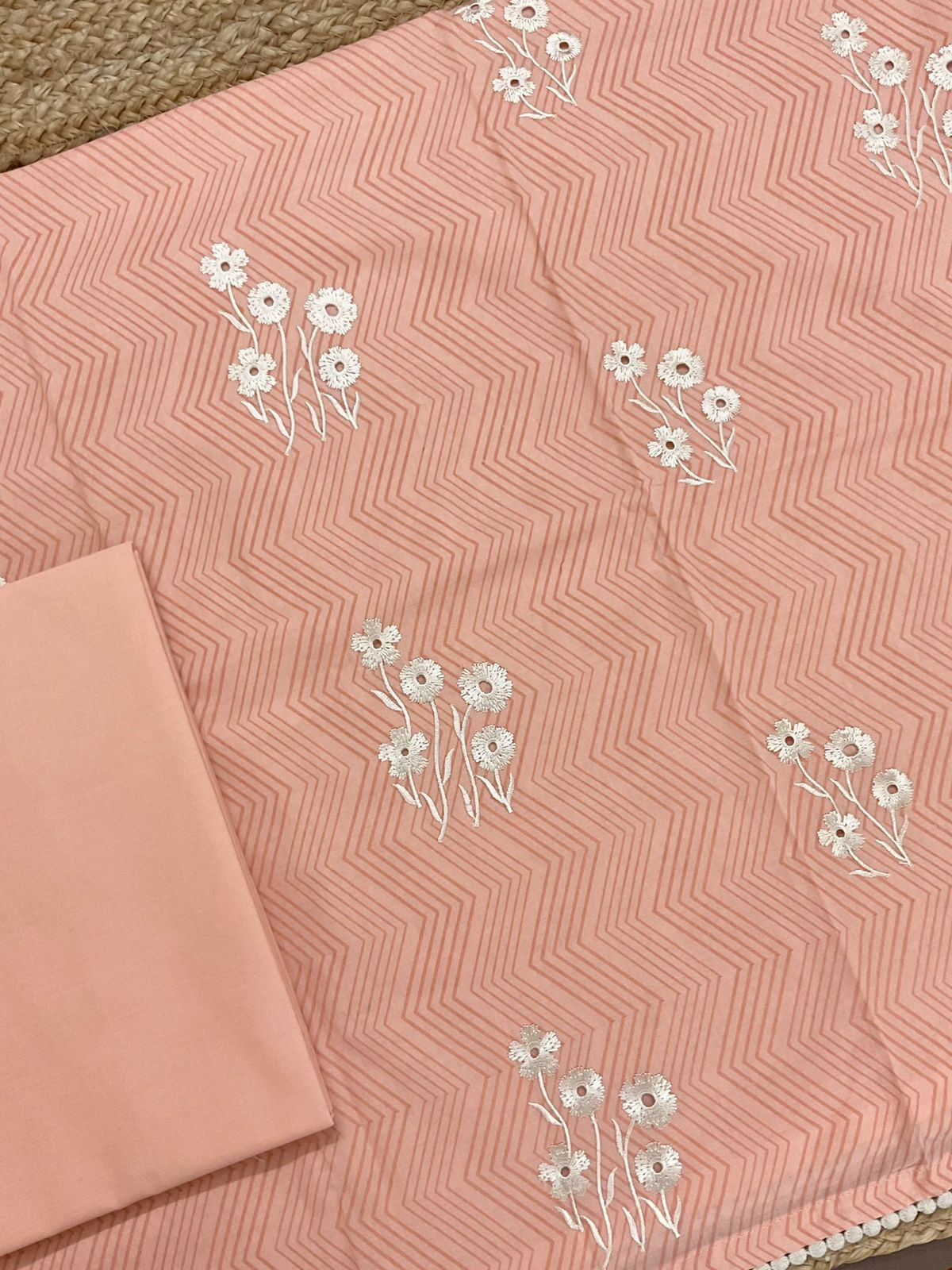 Pure Cotton Printed Embroidered Suit - Peach