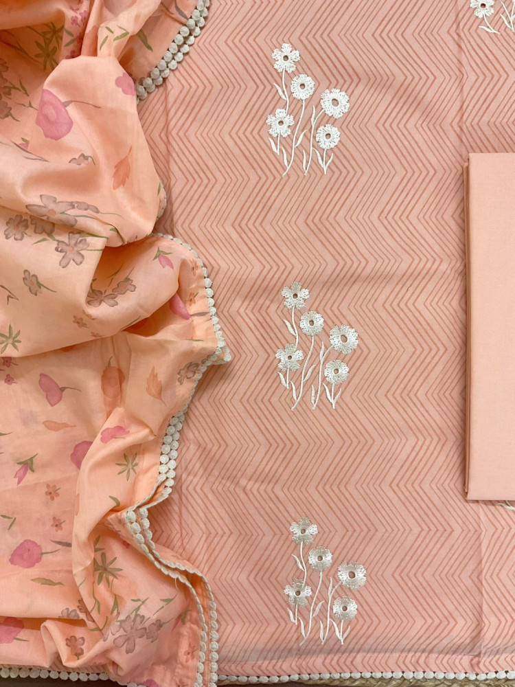 Image of Pure Cotton Printed Embroidered Suit - Peach