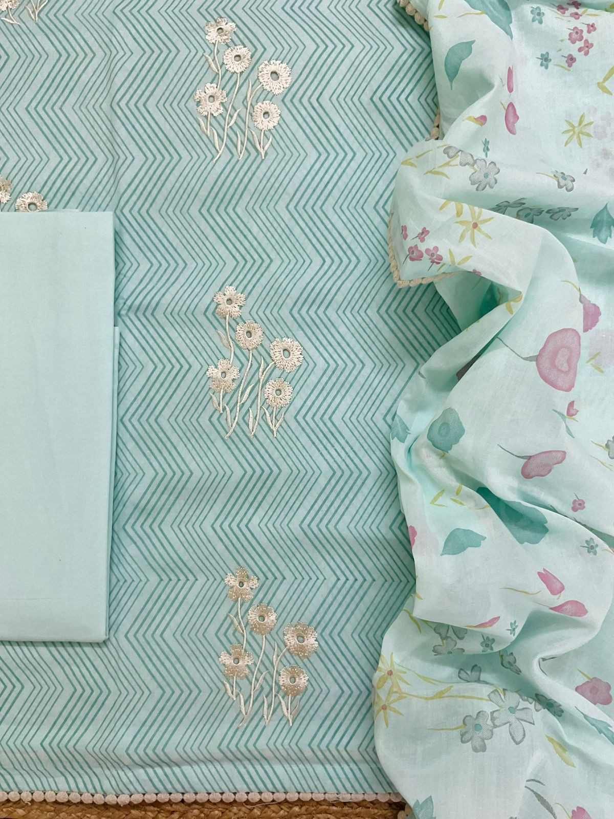 Pure Cotton Printed Embroidered Suit - Blue