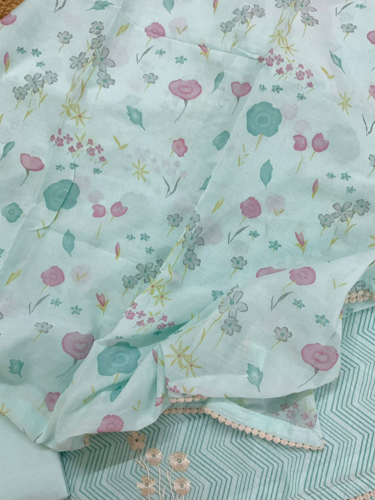 Pure Cotton Printed Embroidered Suit - Blue