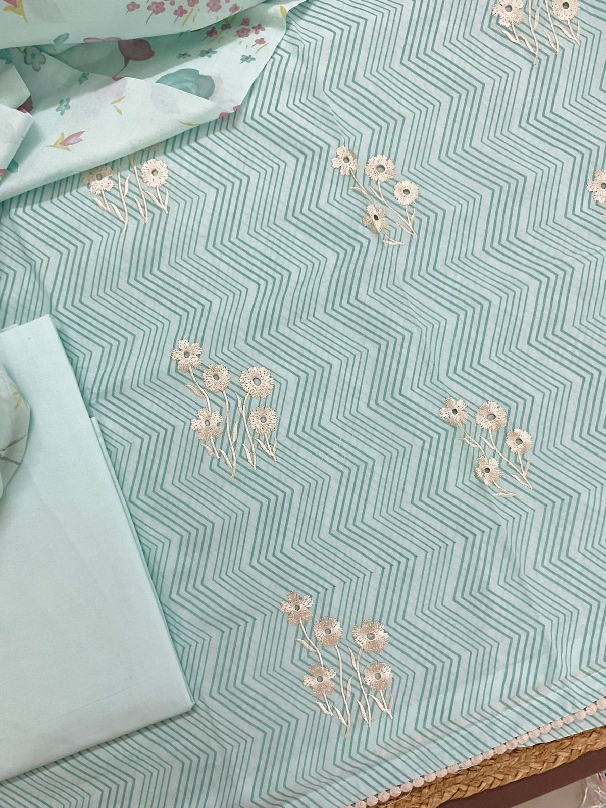 Pure Cotton Printed Embroidered Suit - Blue