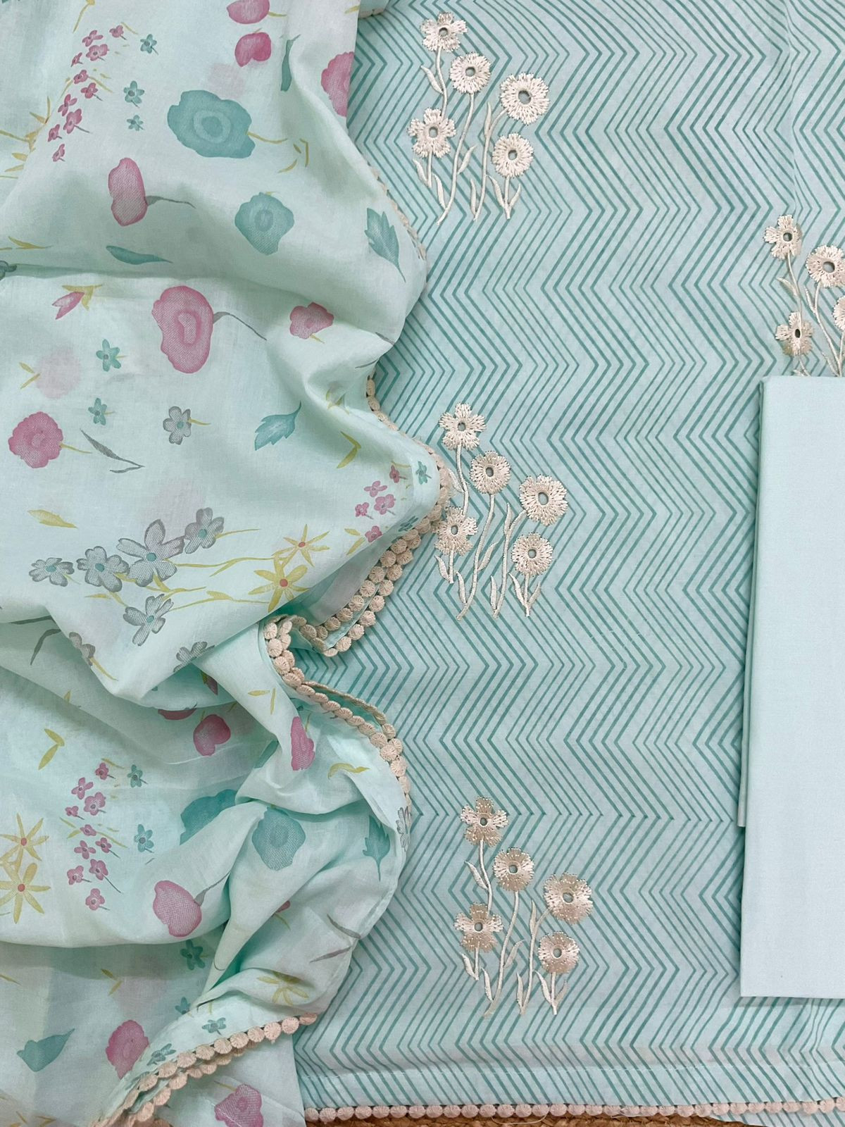 Pure Cotton Printed Embroidered Suit - Blue