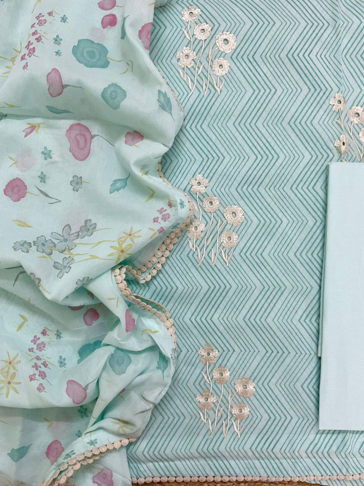 Image of Pure Cotton Printed Embroidered Suit - Blue