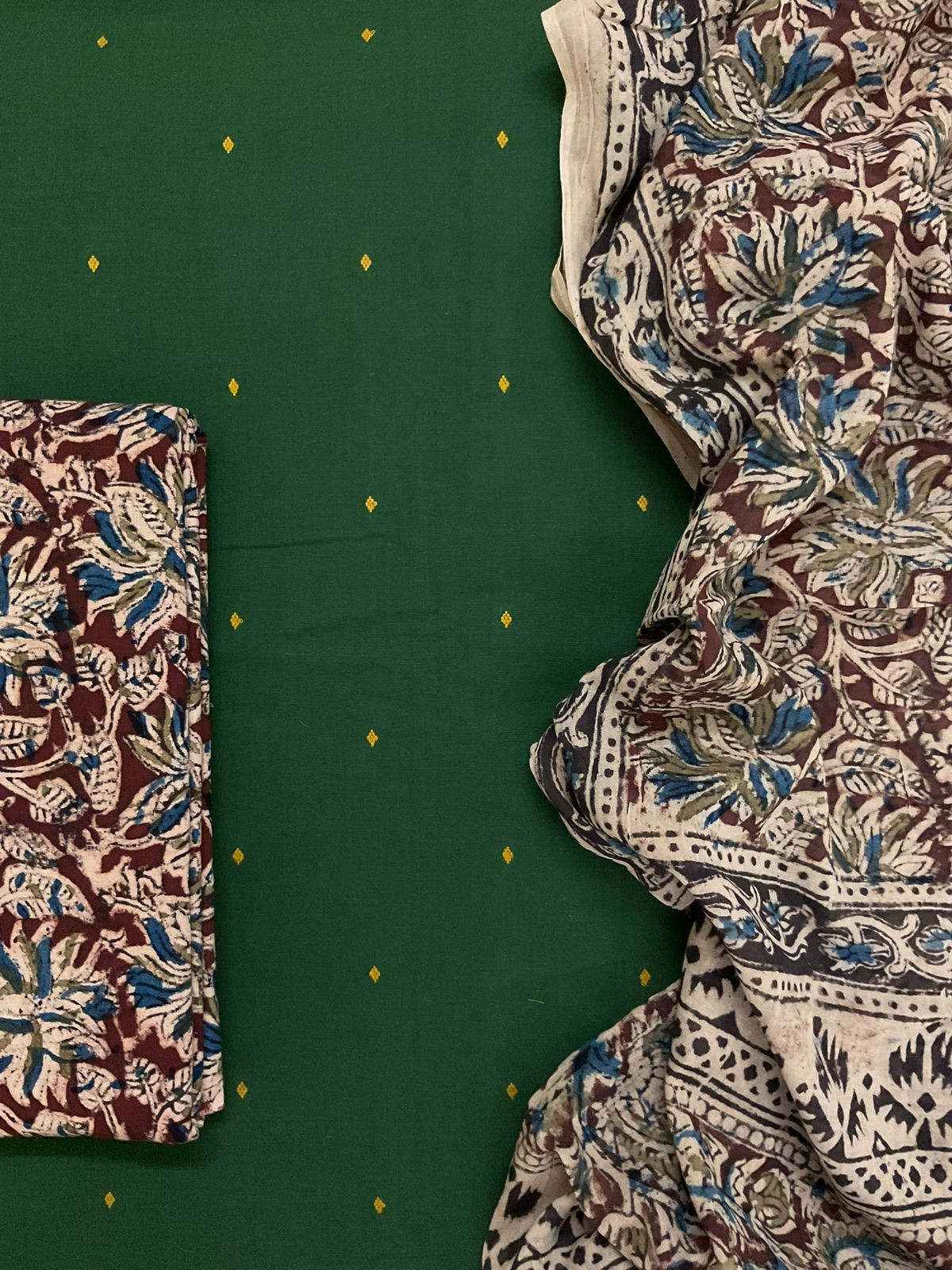 Pure Handloom Cotton Self Weaved Printed Suit - Green