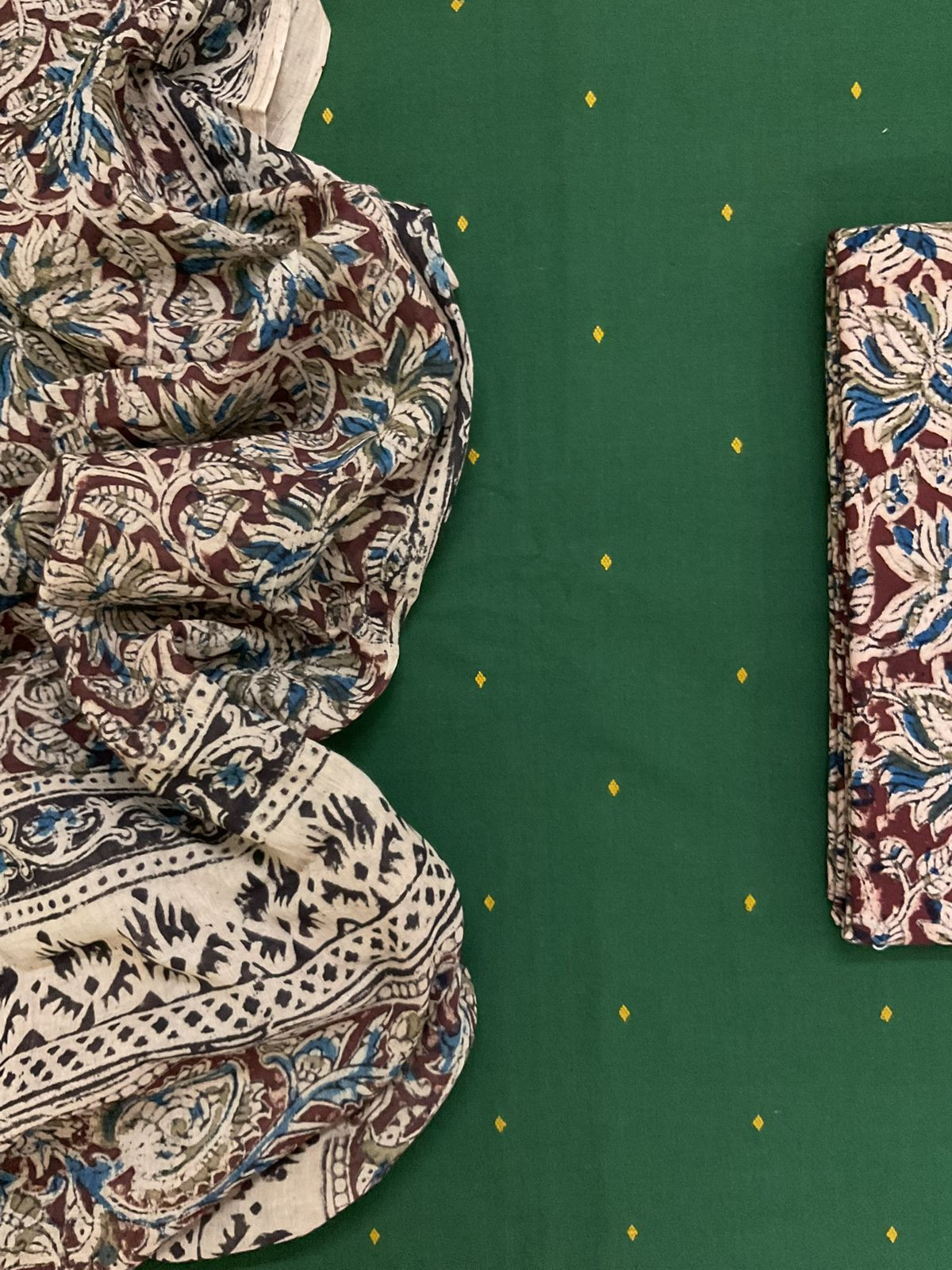 Pure Handloom Cotton Self Weaved Printed Suit - Green