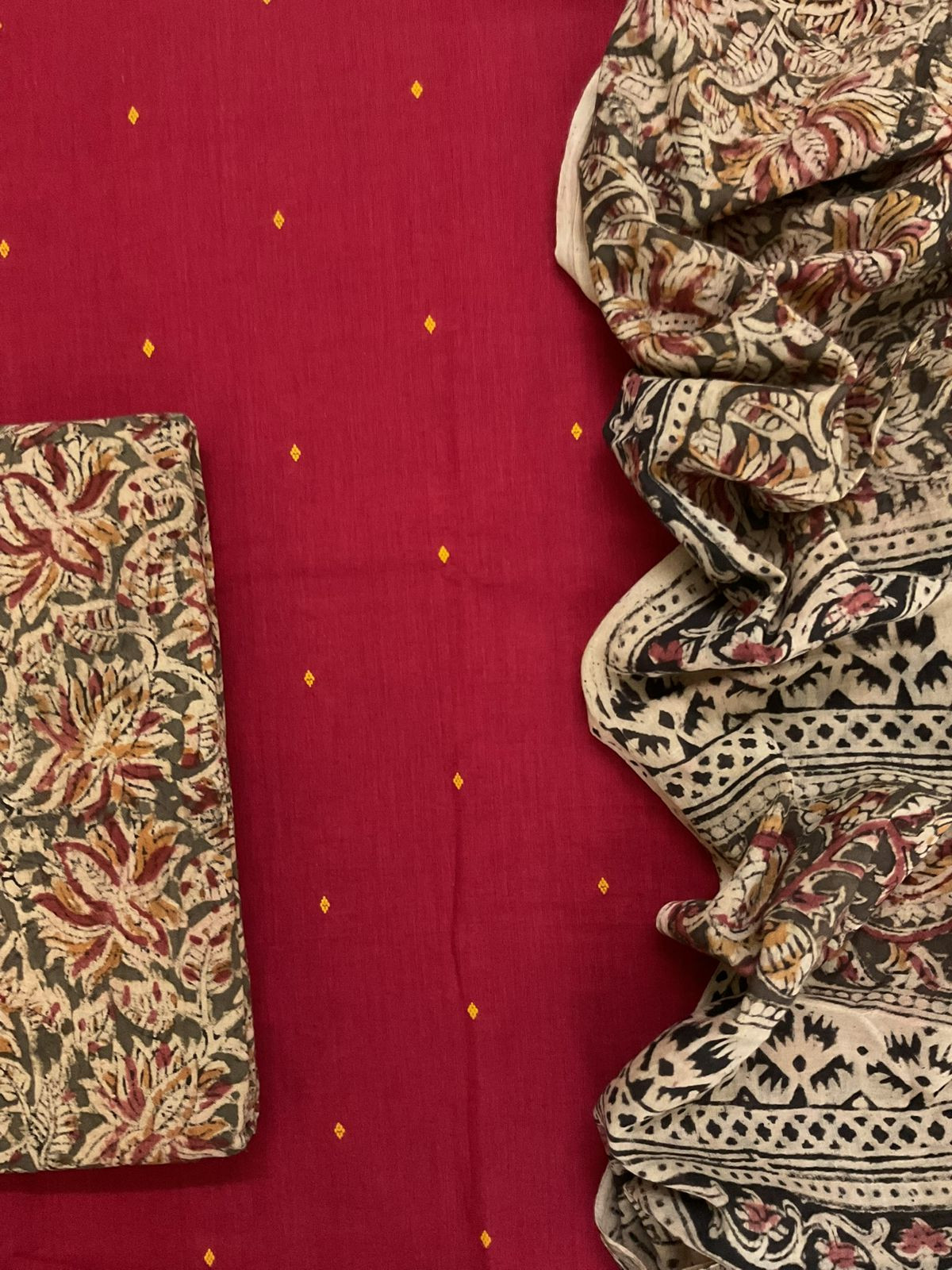 Pure Handloom Cotton Self Weaved Printed Suit - Red