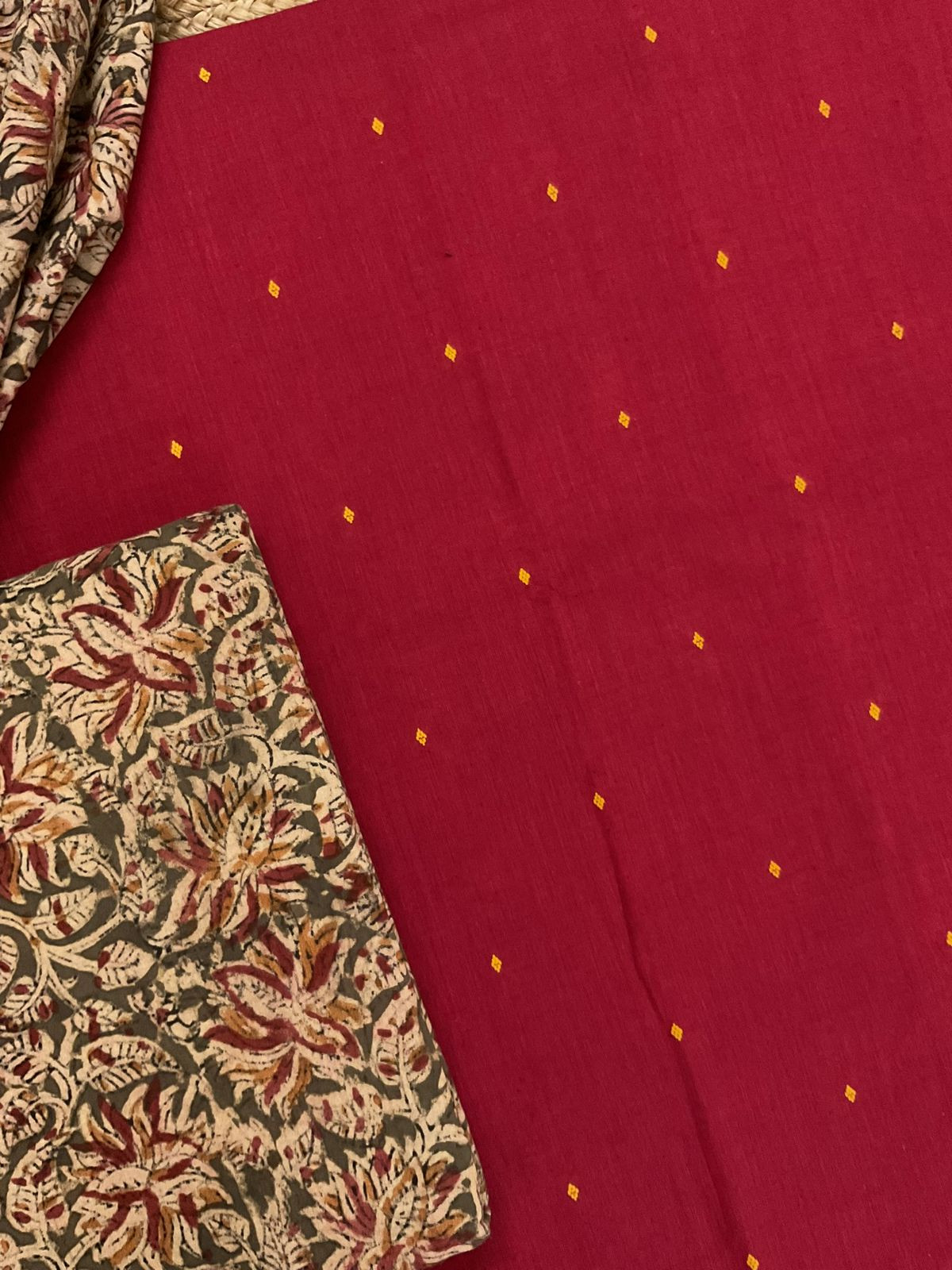 Pure Handloom Cotton Self Weaved Printed Suit - Red