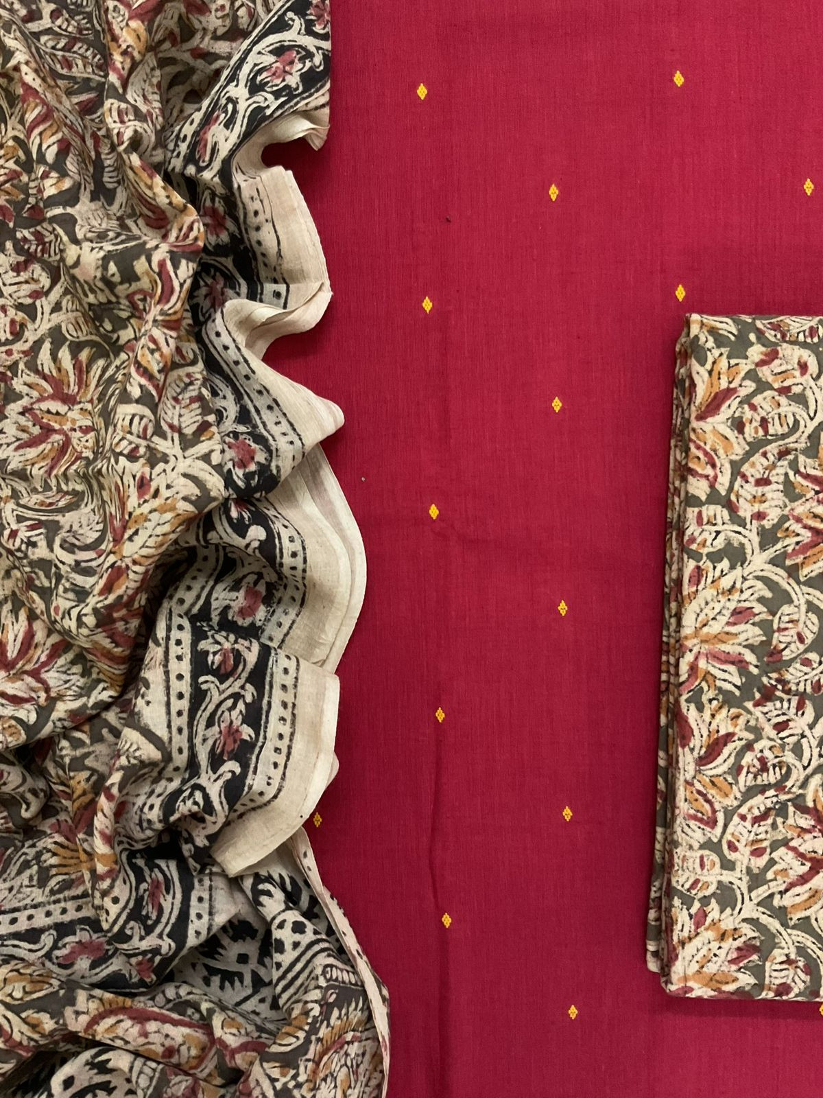 Pure Handloom Cotton Self Weaved Printed Suit - Red