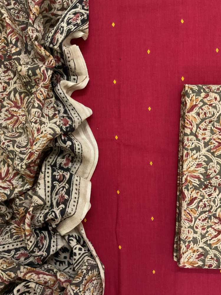 Image of Pure Handloom Cotton Self Weaved Printed Suit - Red