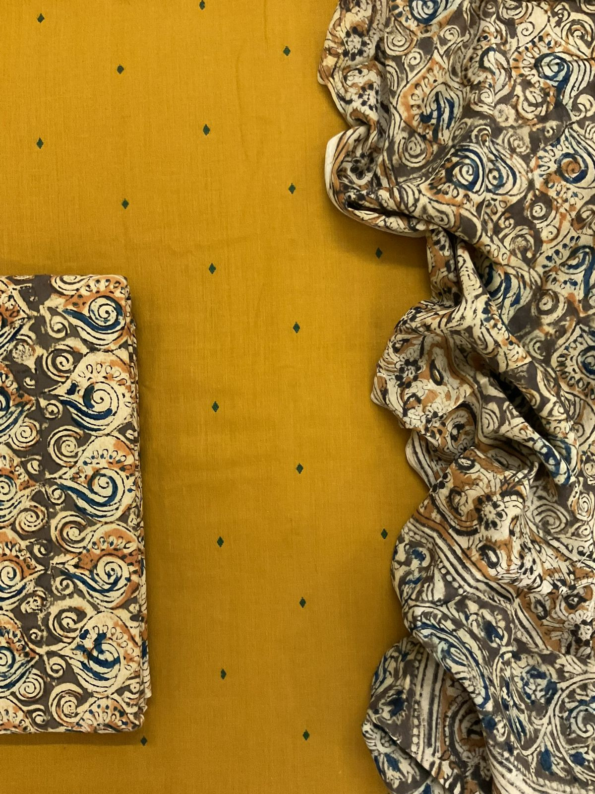 Pure Handloom Cotton Self Weaved Printed Suit - Yellow