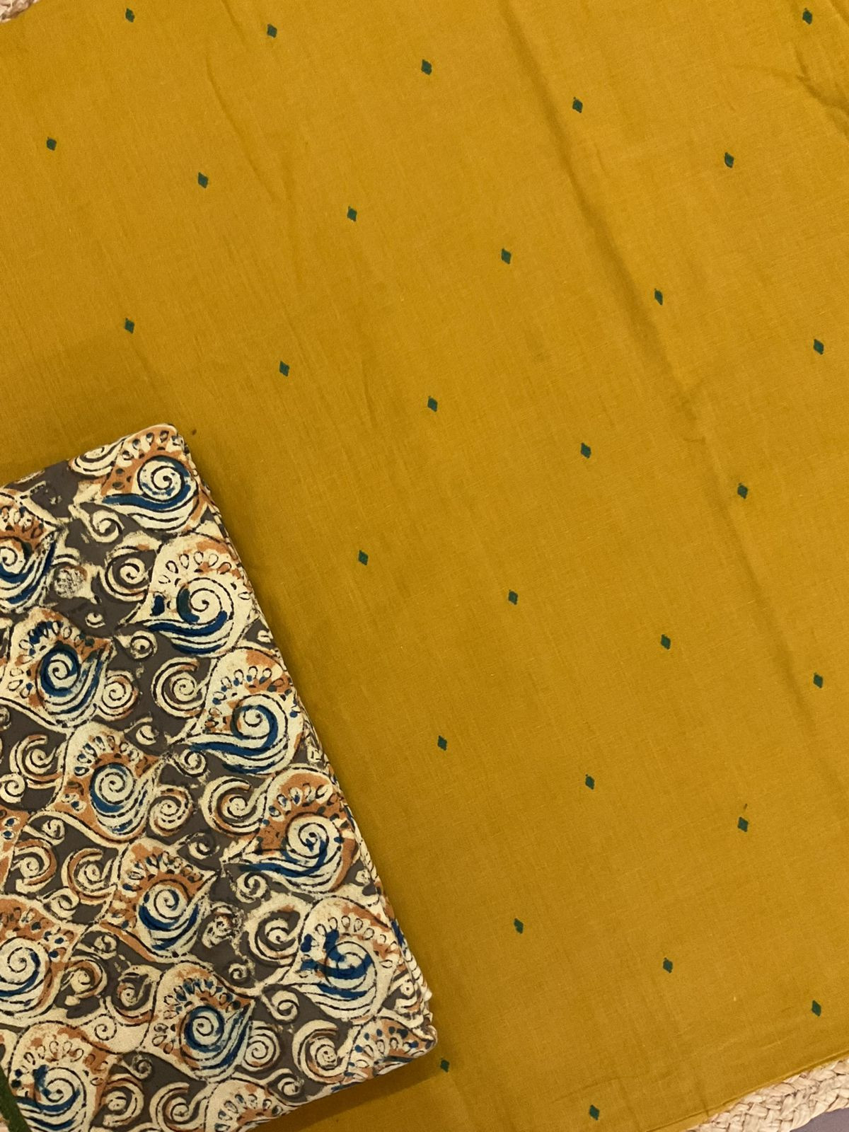 Pure Handloom Cotton Self Weaved Printed Suit - Yellow