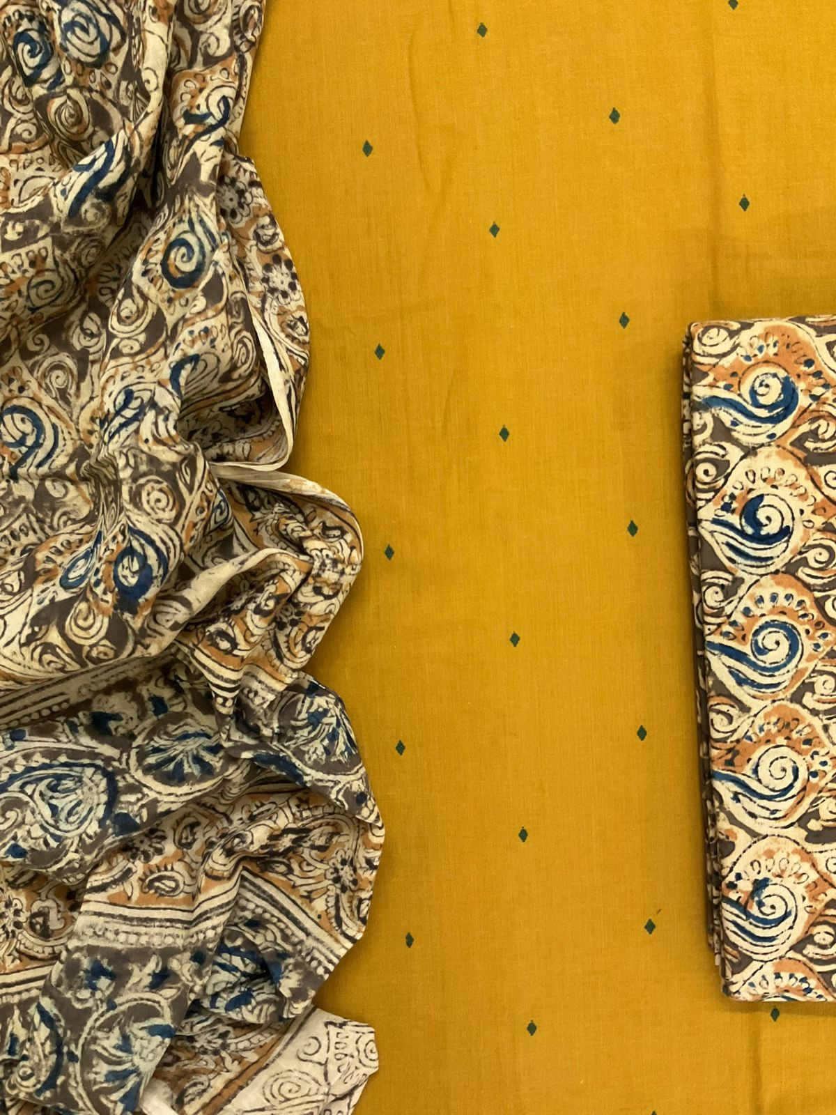 Pure Handloom Cotton Self Weaved Printed Suit - Yellow