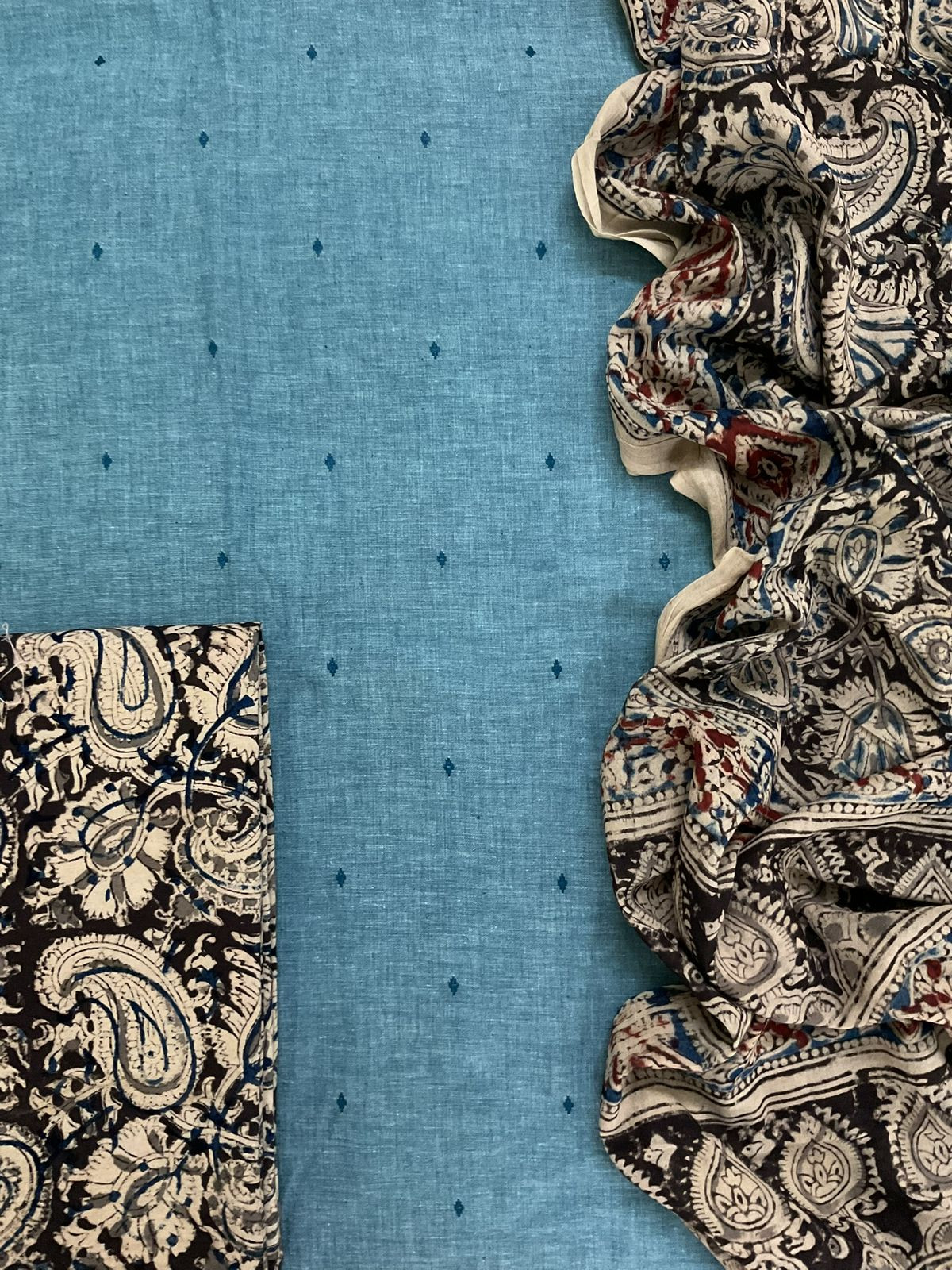 Pure Handloom Cotton Self Weaved Printed Suit - Blue