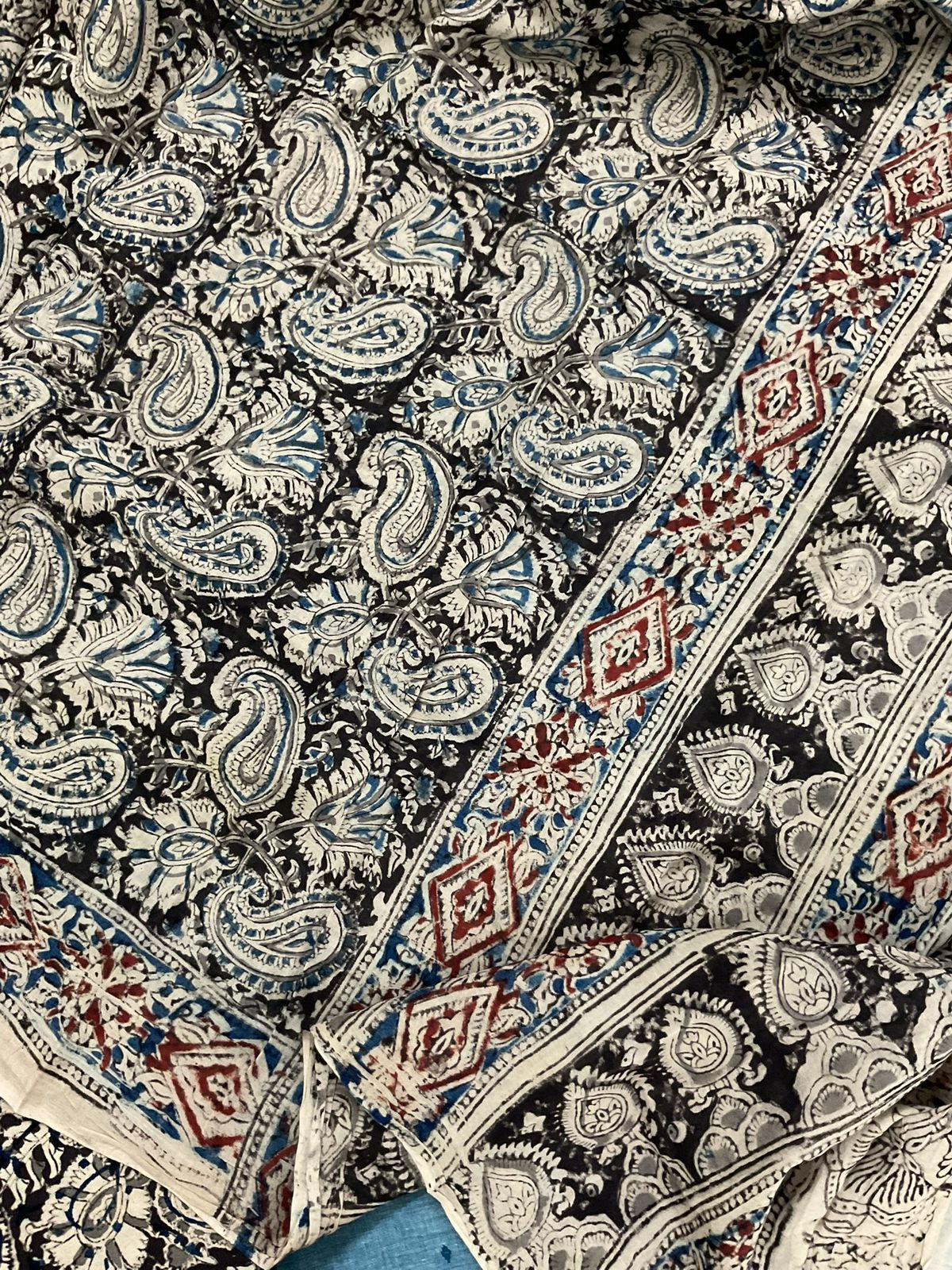 Pure Handloom Cotton Self Weaved Printed Suit - Blue