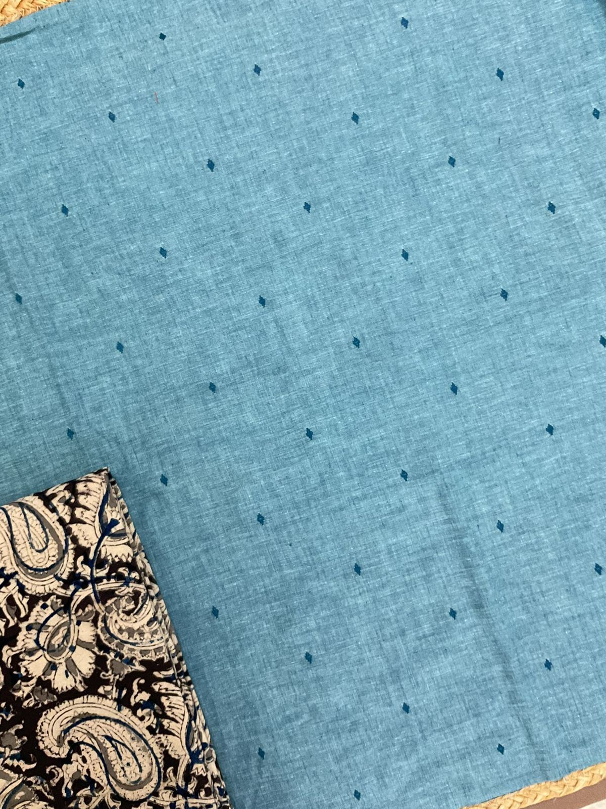 Pure Handloom Cotton Self Weaved Printed Suit - Blue