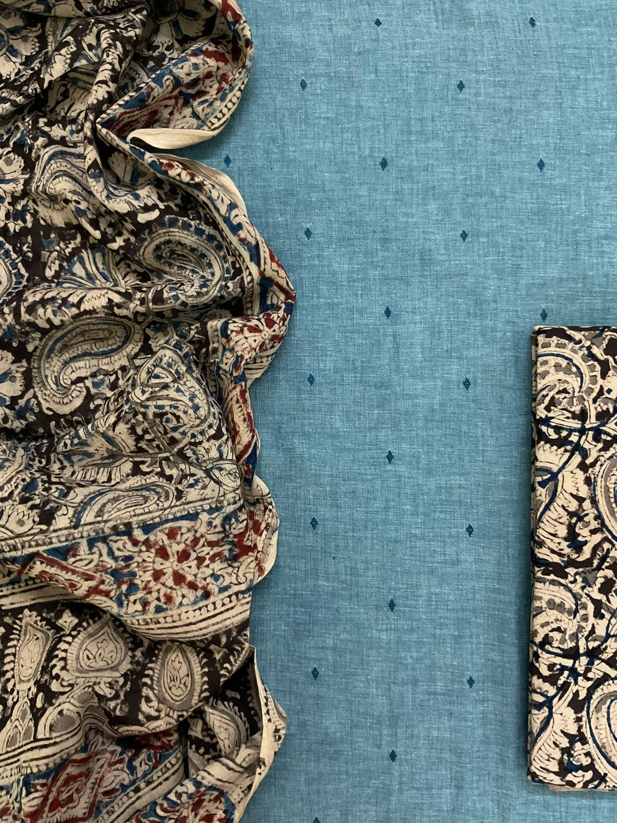 Pure Handloom Cotton Self Weaved Printed Suit - Blue