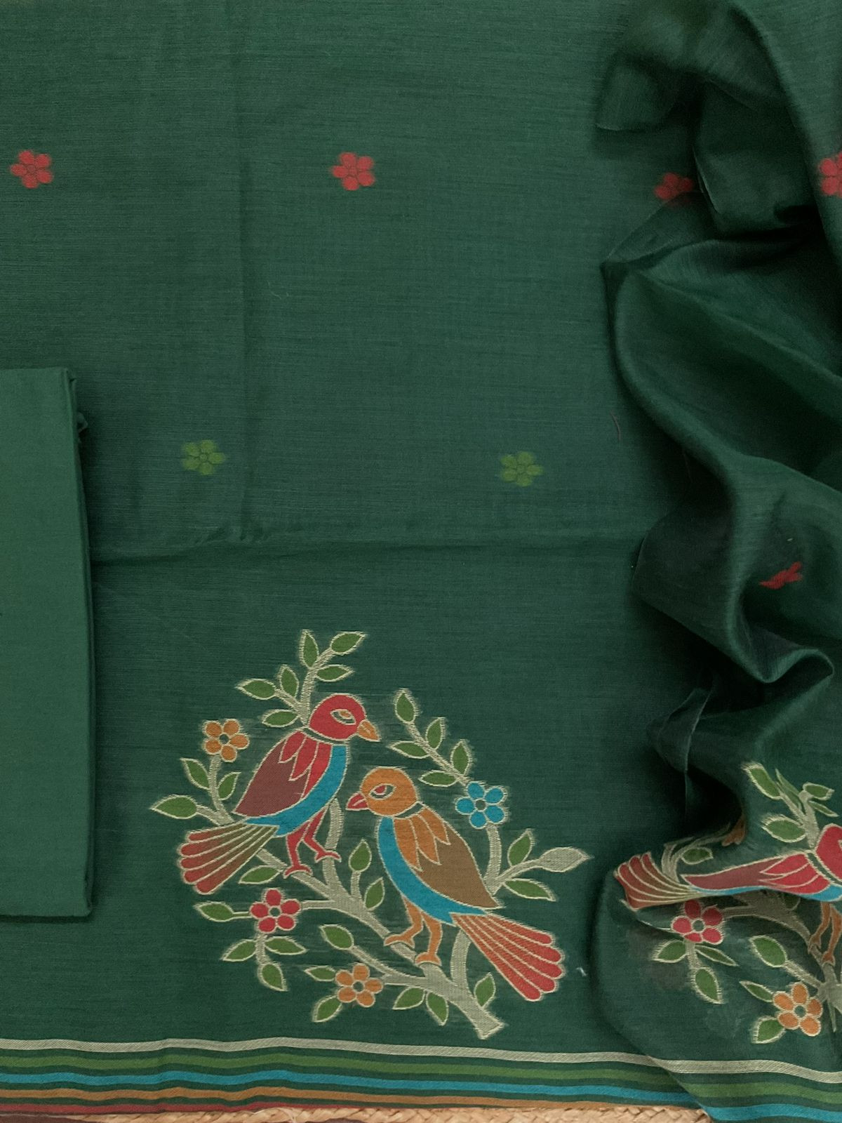 Soft Slub Chanderi Jamdani Weaved Suit - Green