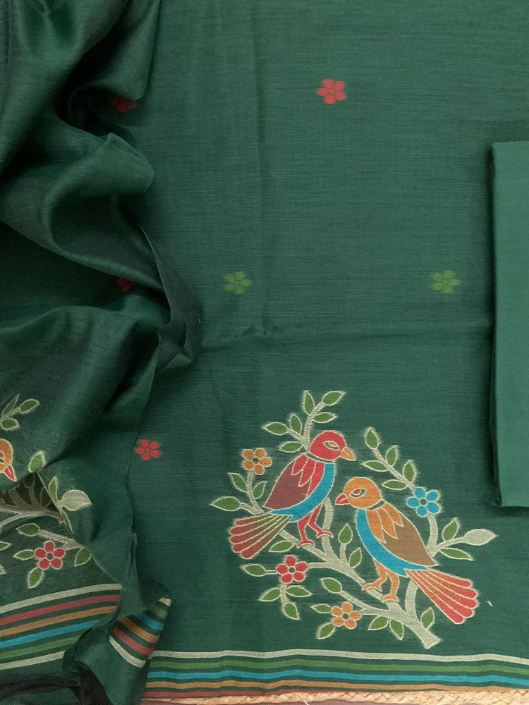 Image of Soft Slub Chanderi Jamdani Weaved Suit - Green