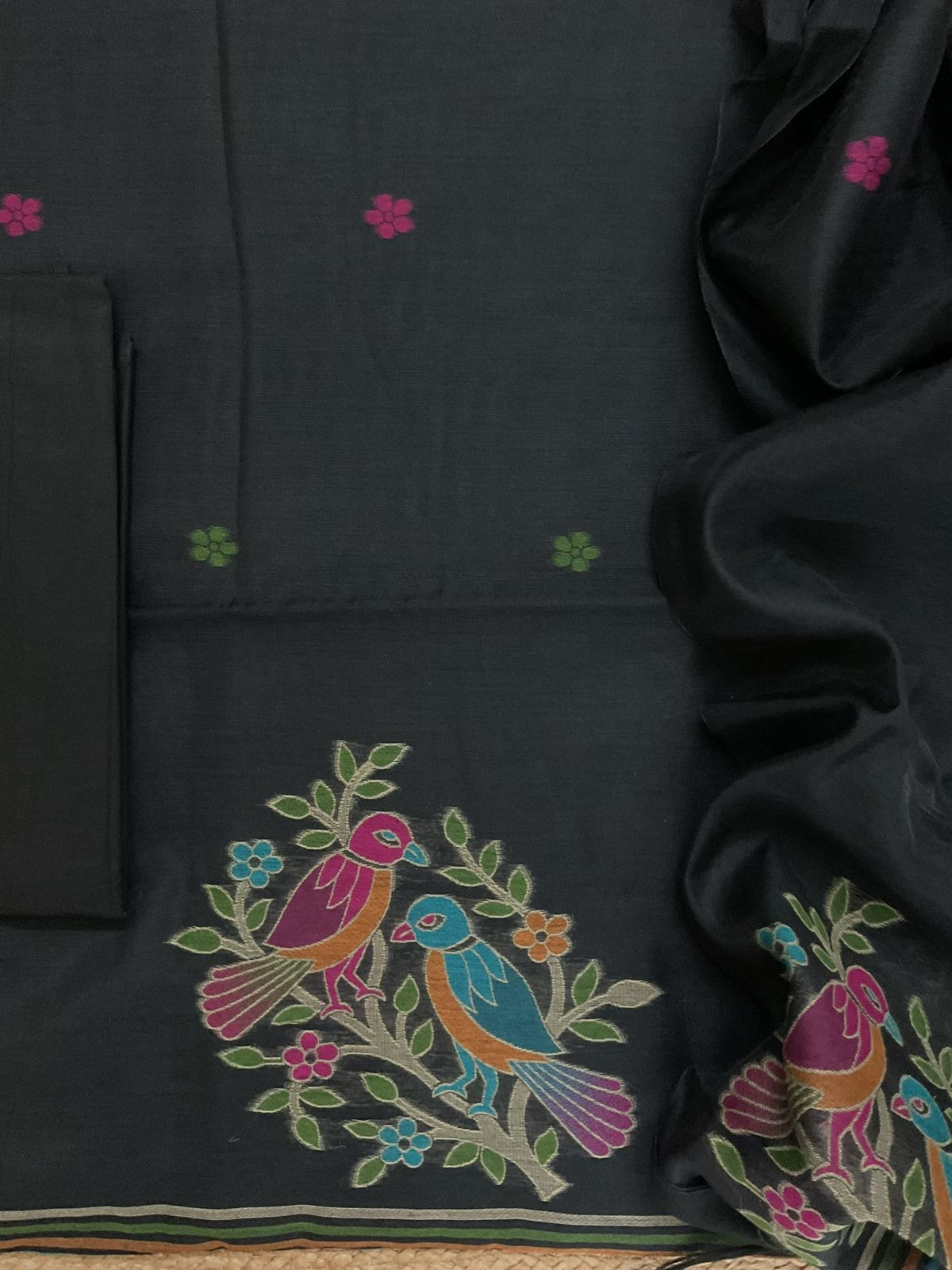 Soft Slub Chanderi Jamdani Weaved Suit - Black