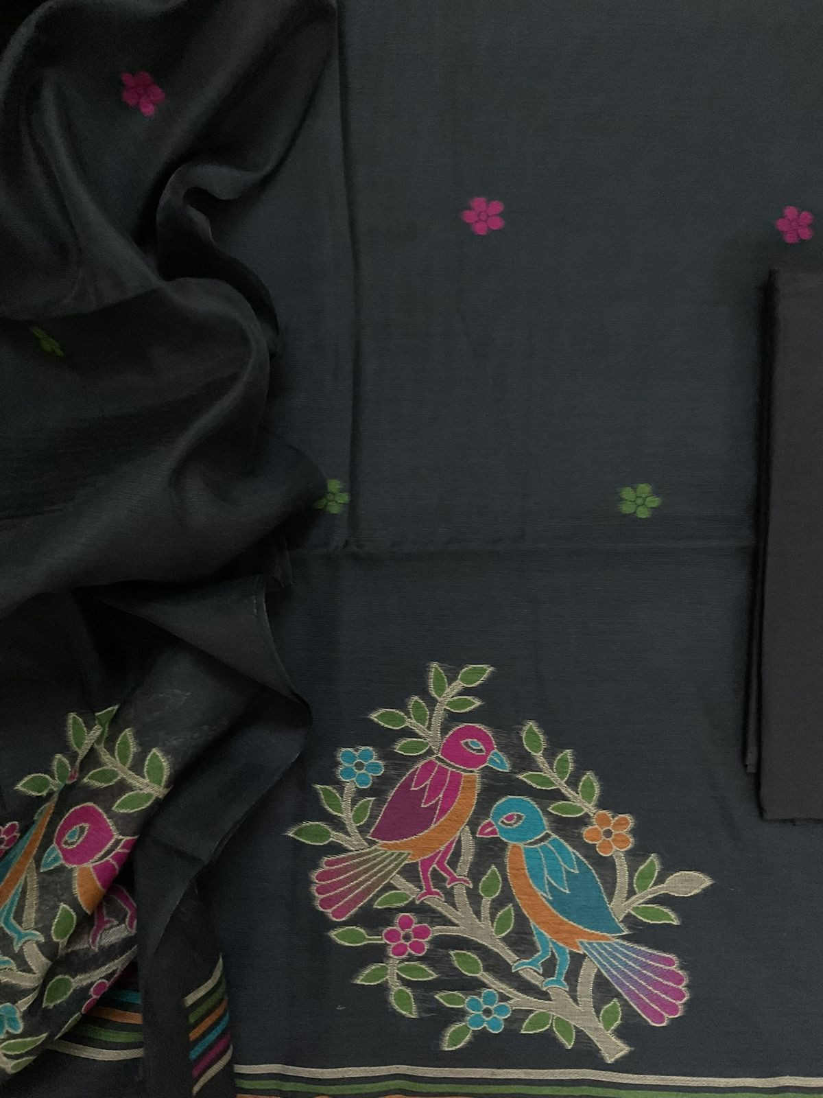 Soft Slub Chanderi Jamdani Weaved Suit - Black