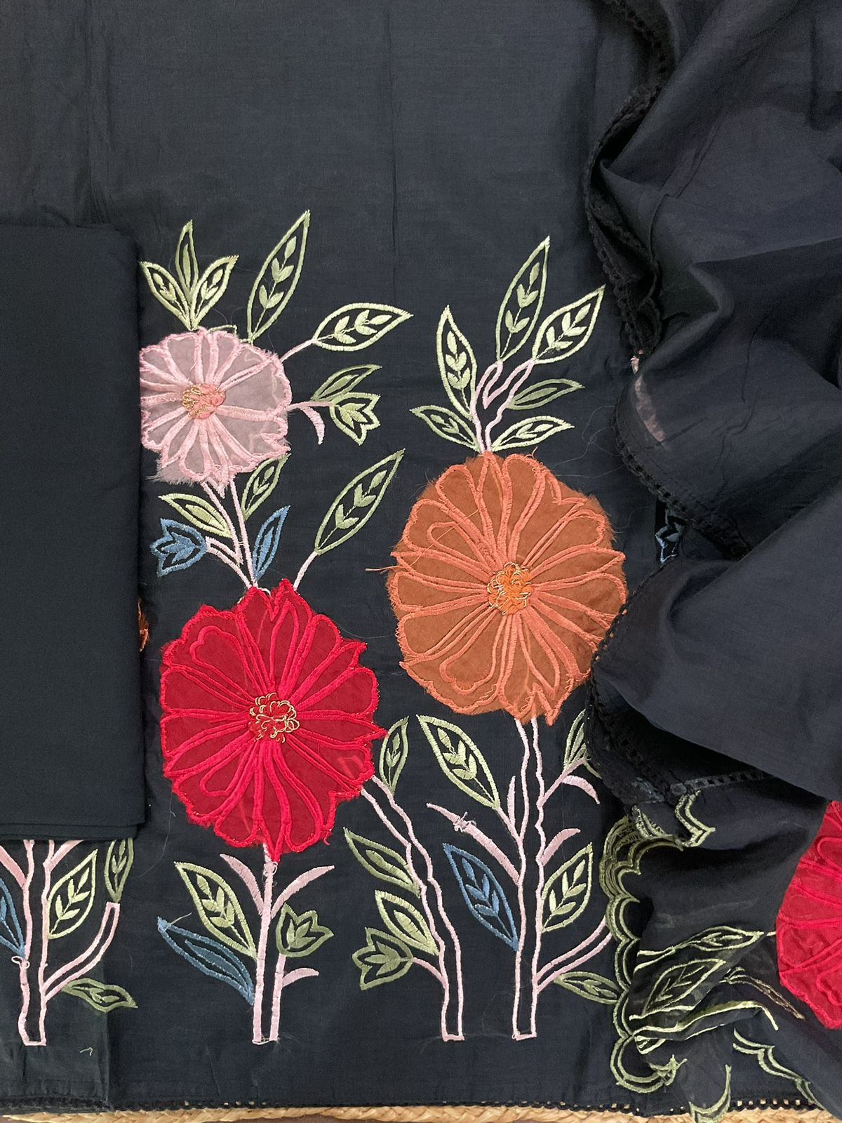 Soft Chanderi Embroidered Suit - Black