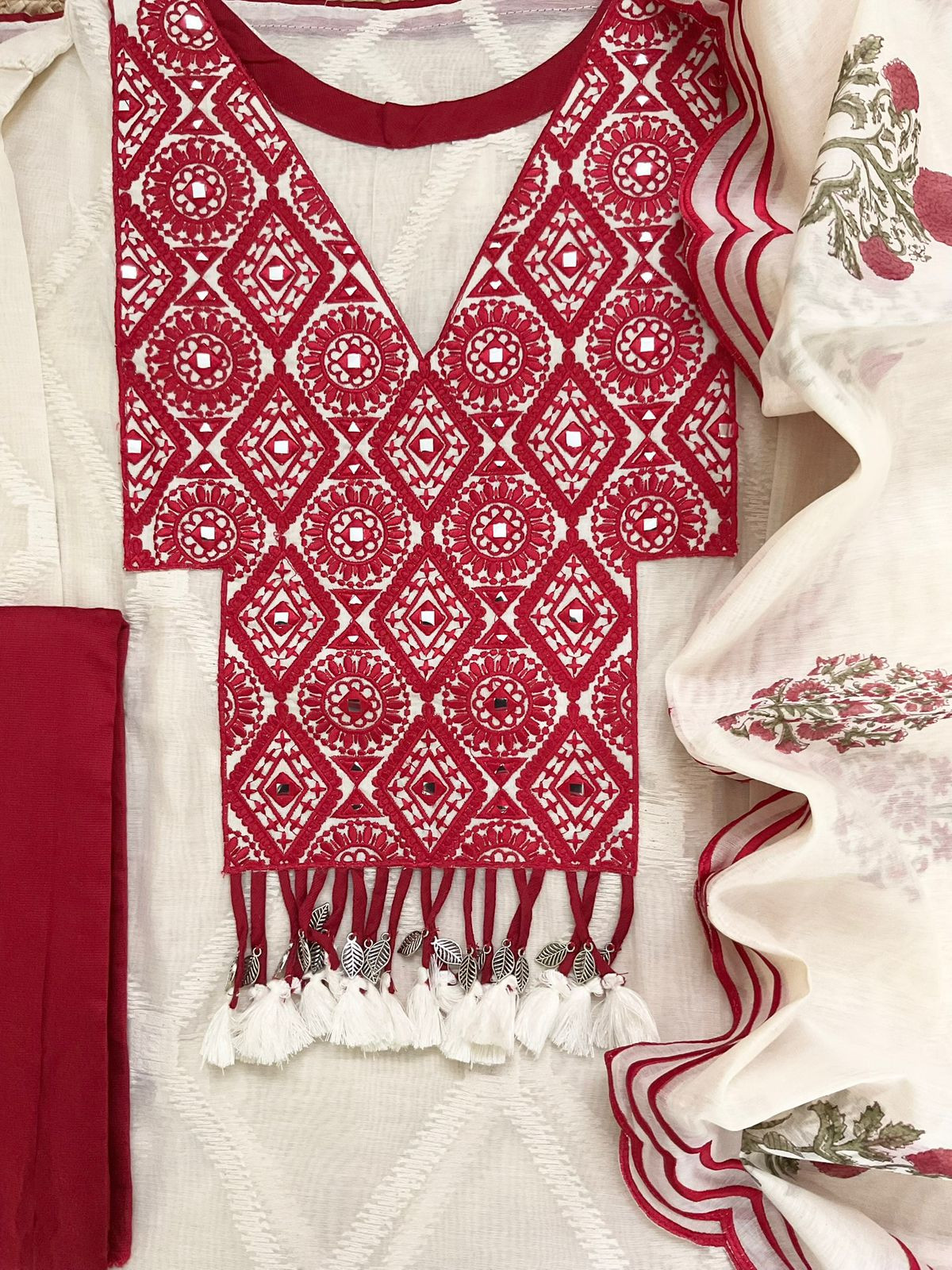 Pure Mul Chanderi Printed Embroidered Suit - Off White