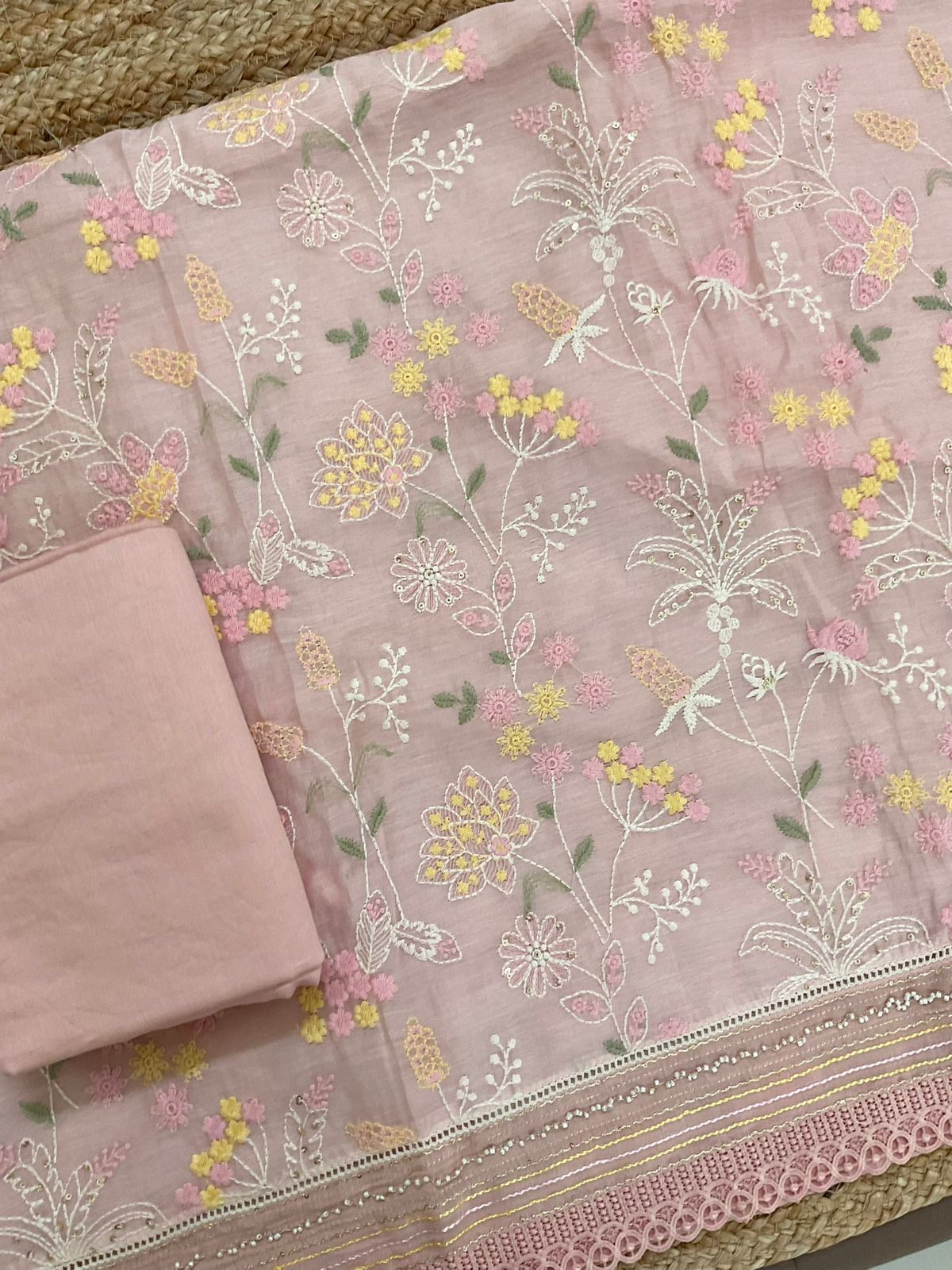 Pure Mul Chanderi Embroidered Suit - Pink