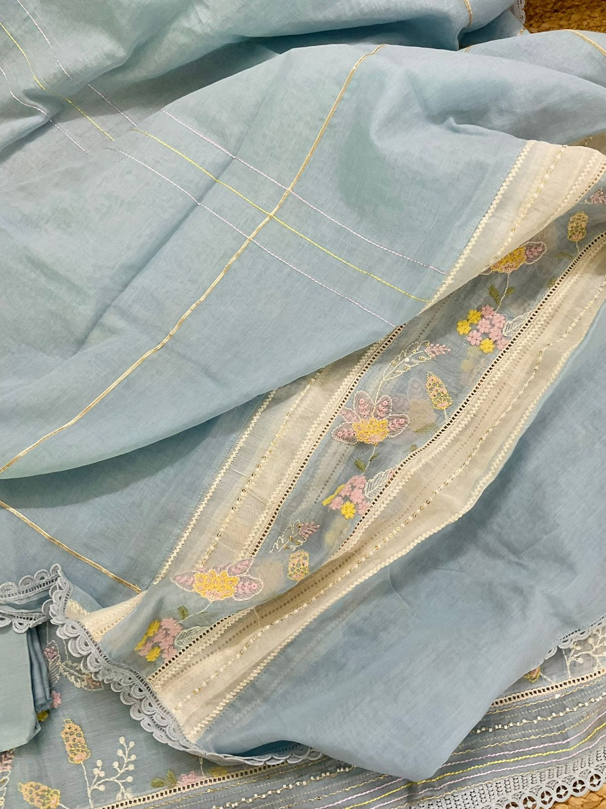 Pure Mul Chanderi Embroidered Suit - Blue