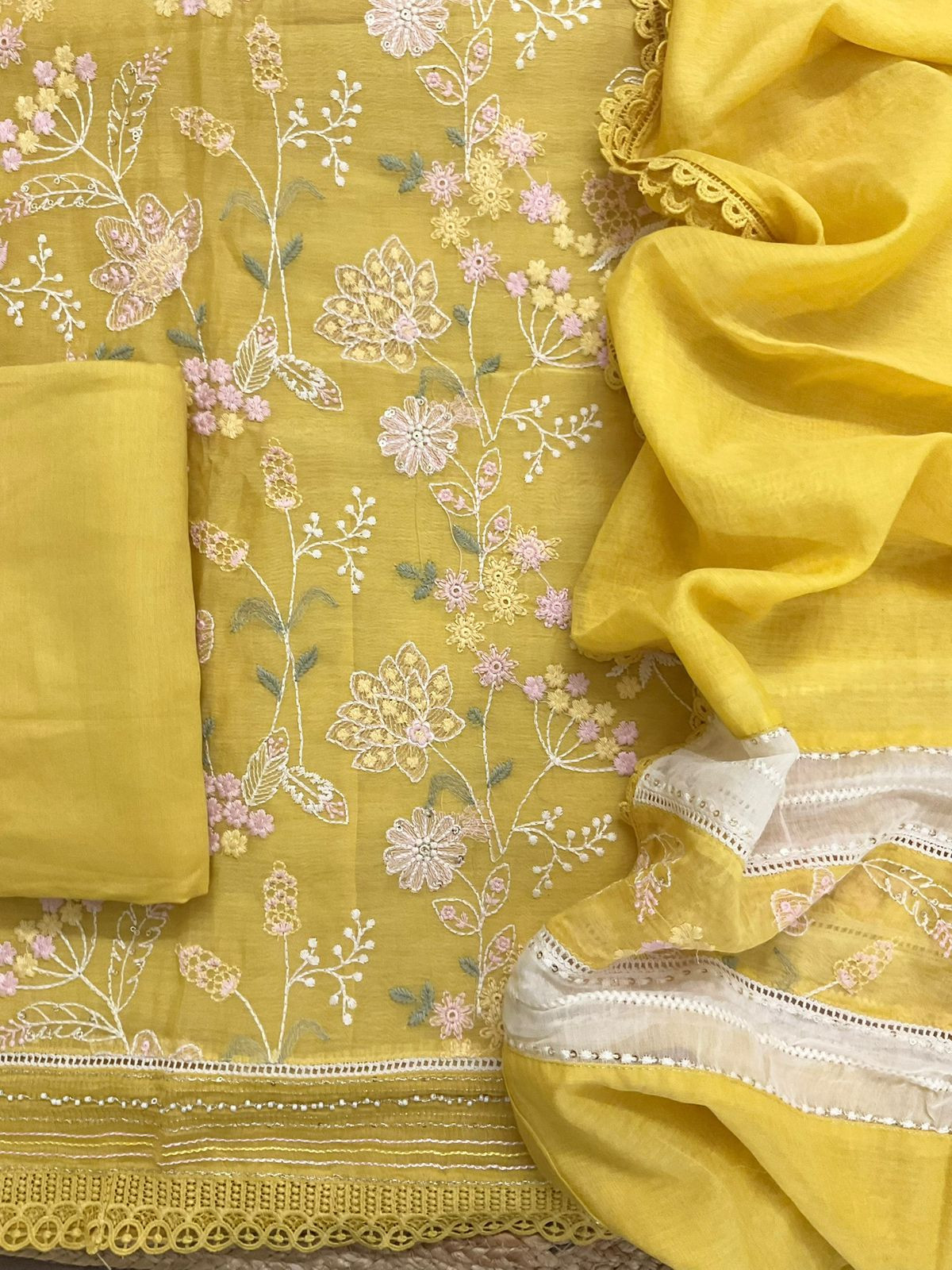 Pure Mul Chanderi Embroidered Suit - Yellow