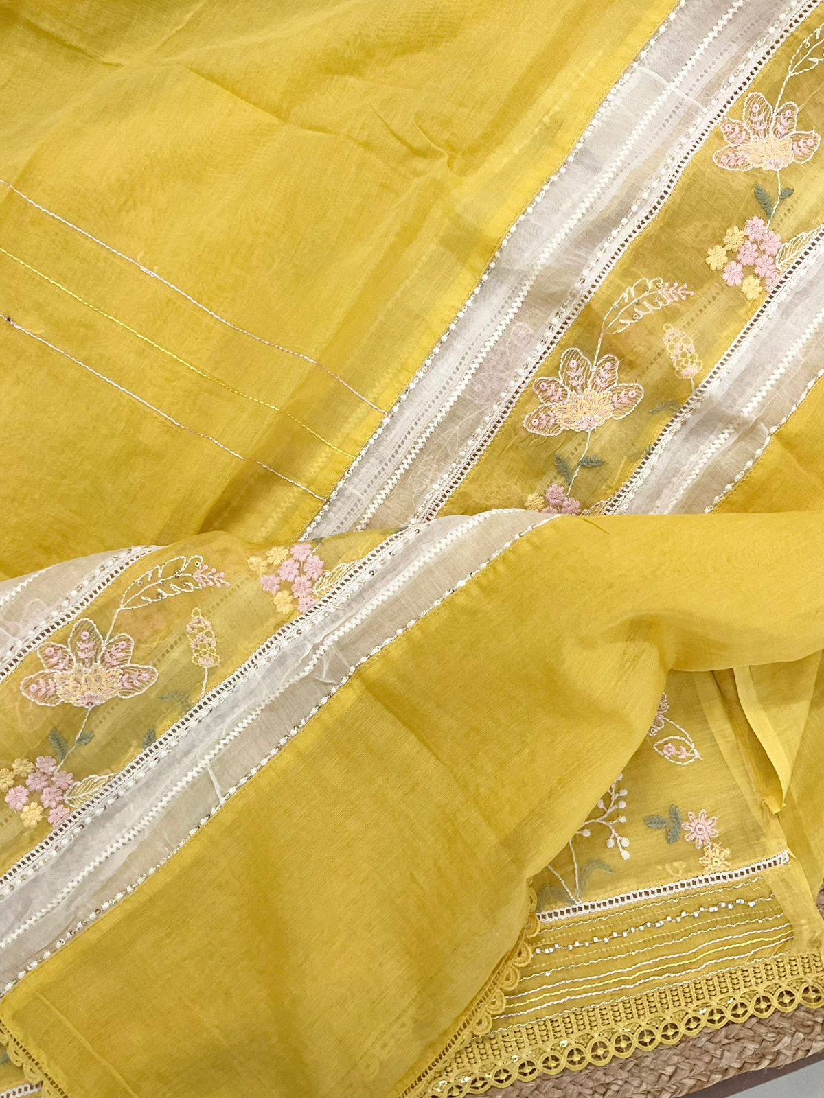 Pure Mul Chanderi Embroidered Suit - Yellow