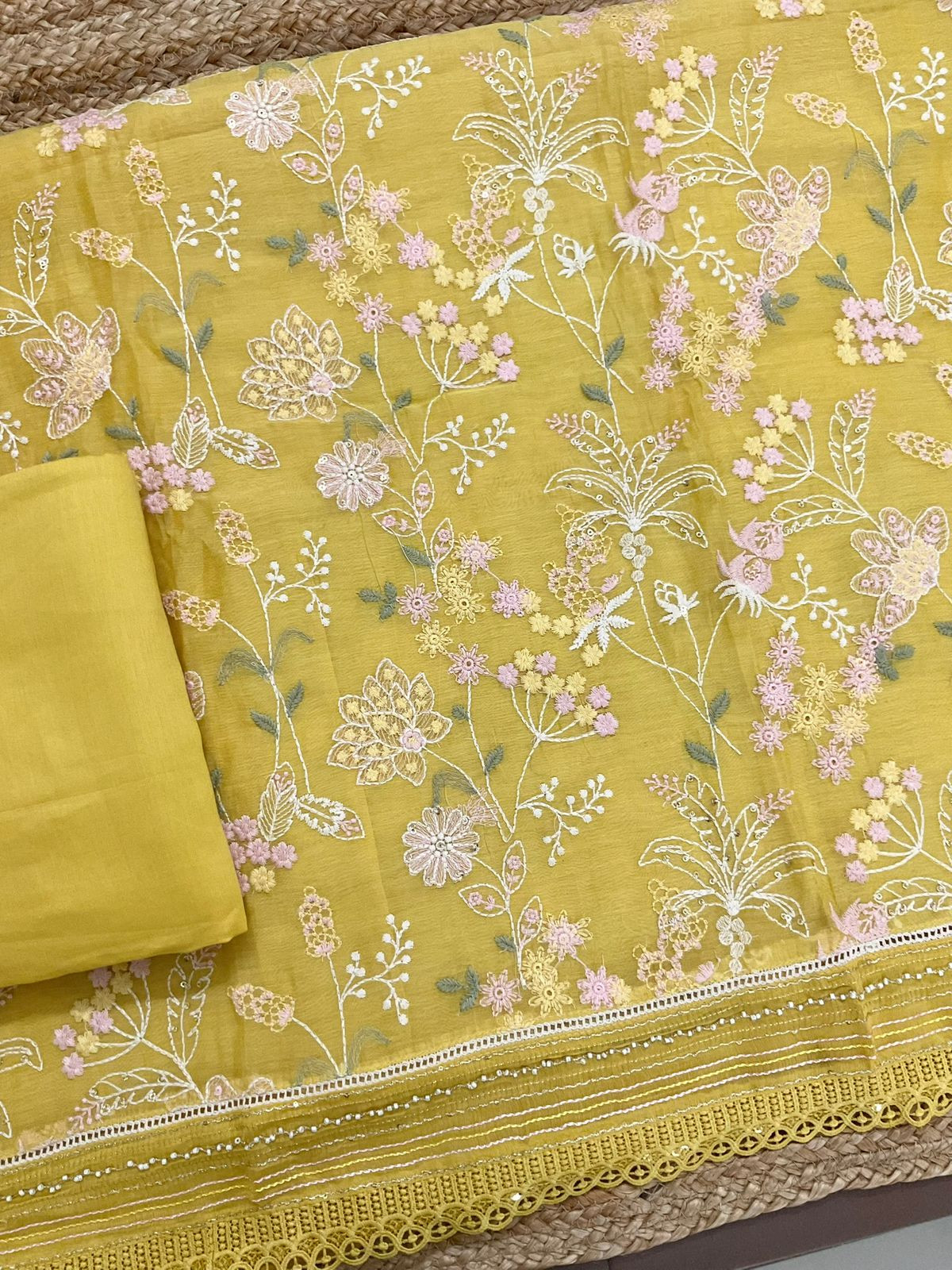 Pure Mul Chanderi Embroidered Suit - Yellow