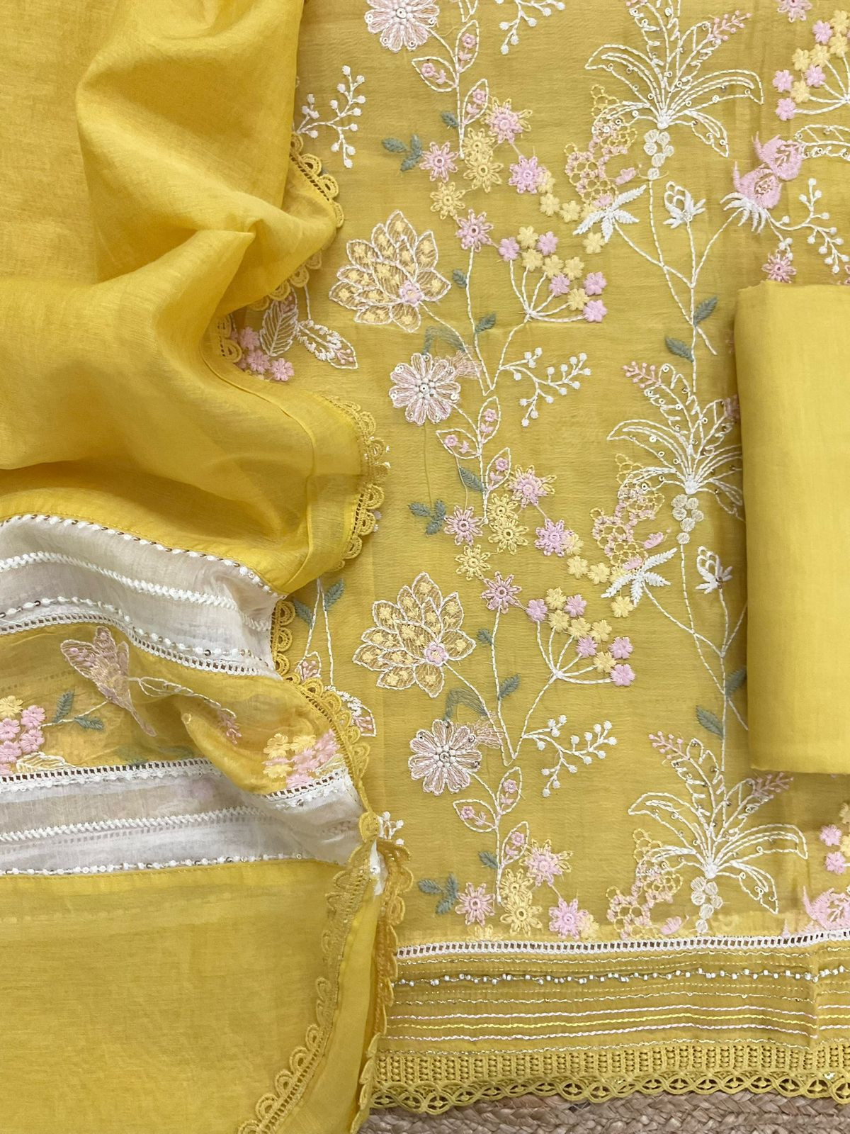 Pure Mul Chanderi Embroidered Suit - Yellow