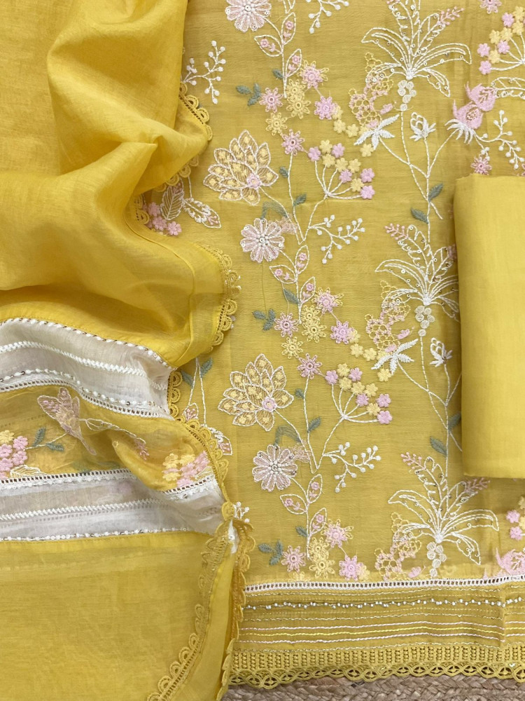 Image of Pure Mul Chanderi Embroidered Suit - Yellow