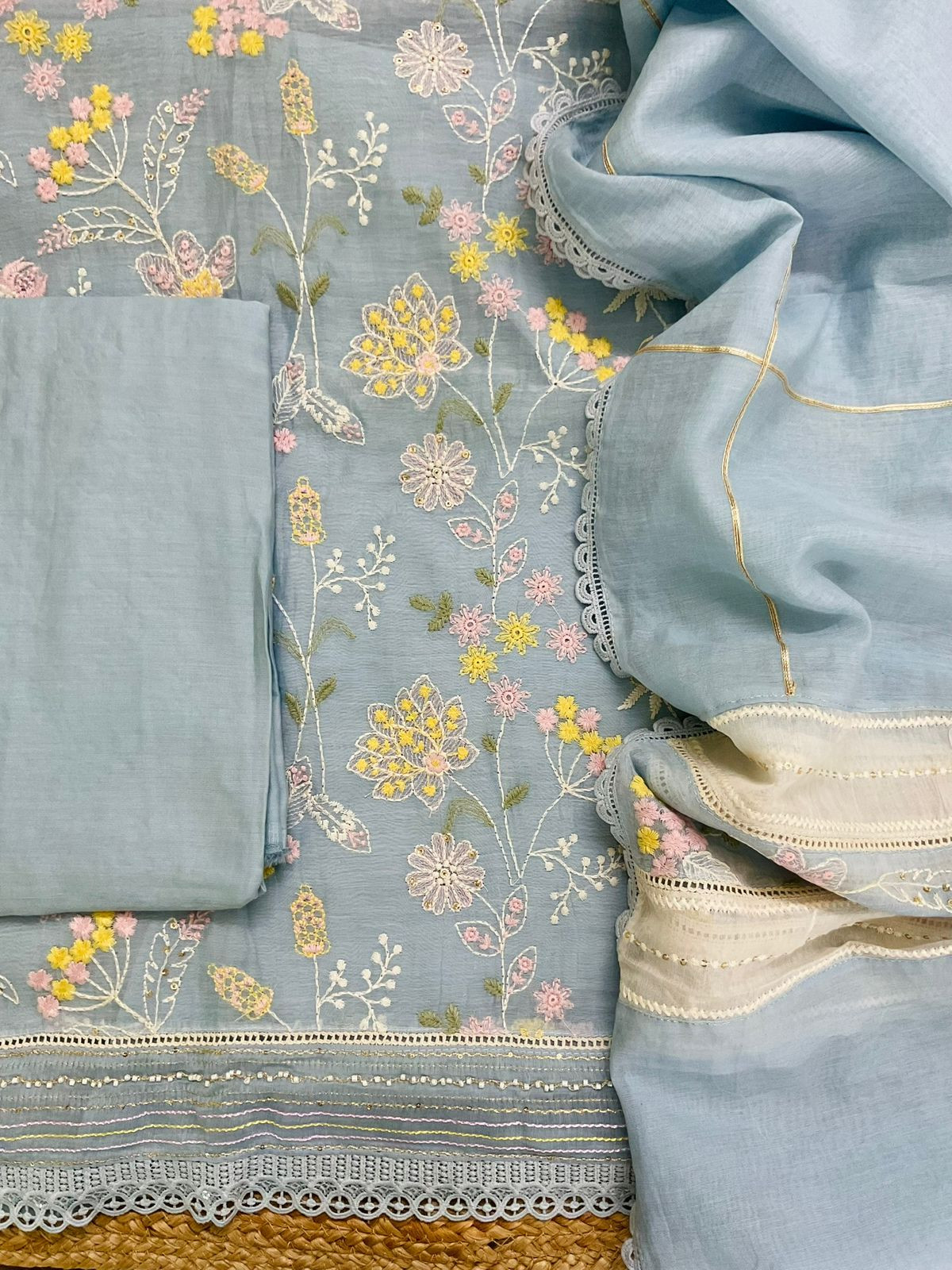 Pure Mul Chanderi Embroidered Suit - Blue